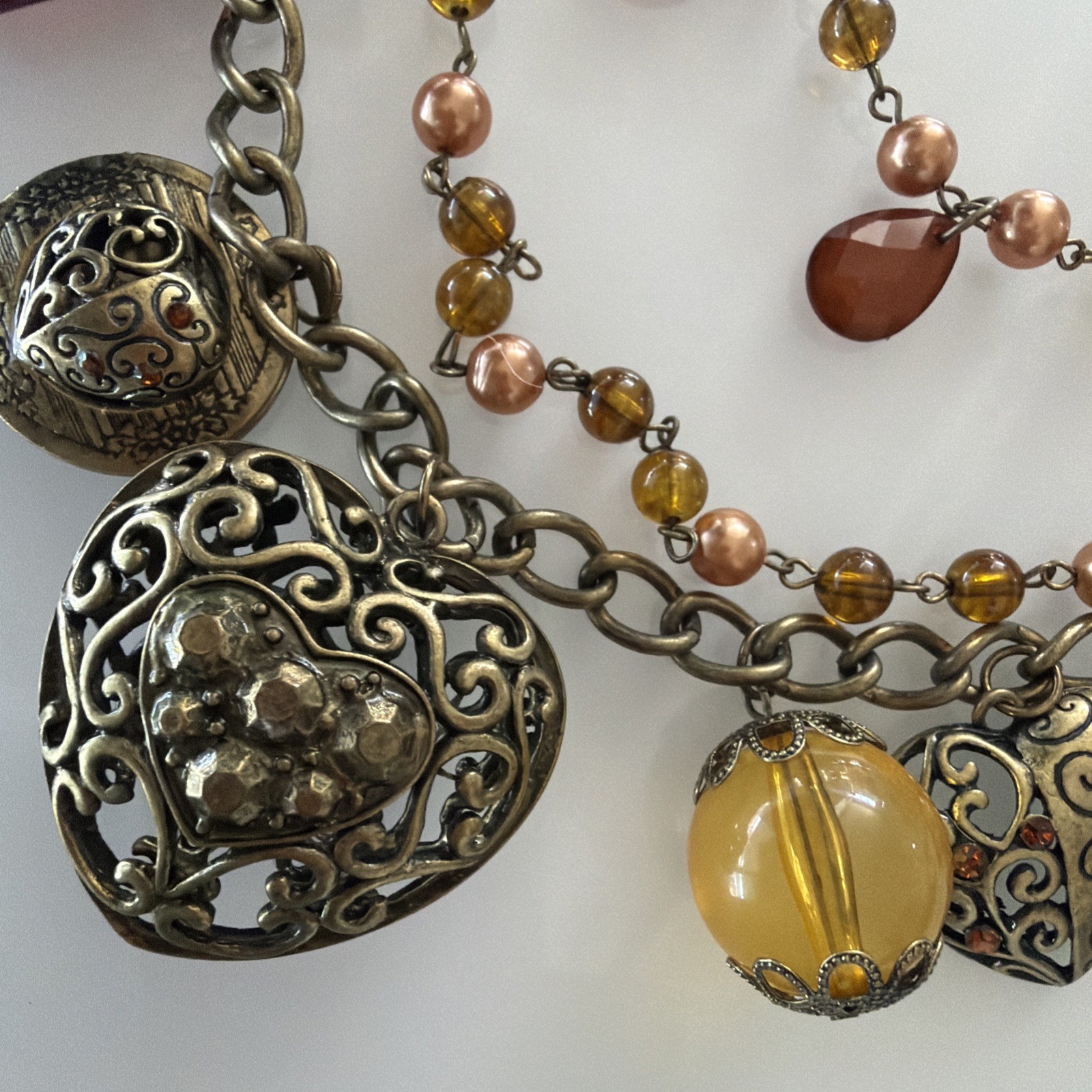 Charm Necklace Gold Mixed Metal Hearts Lock Boho NWT