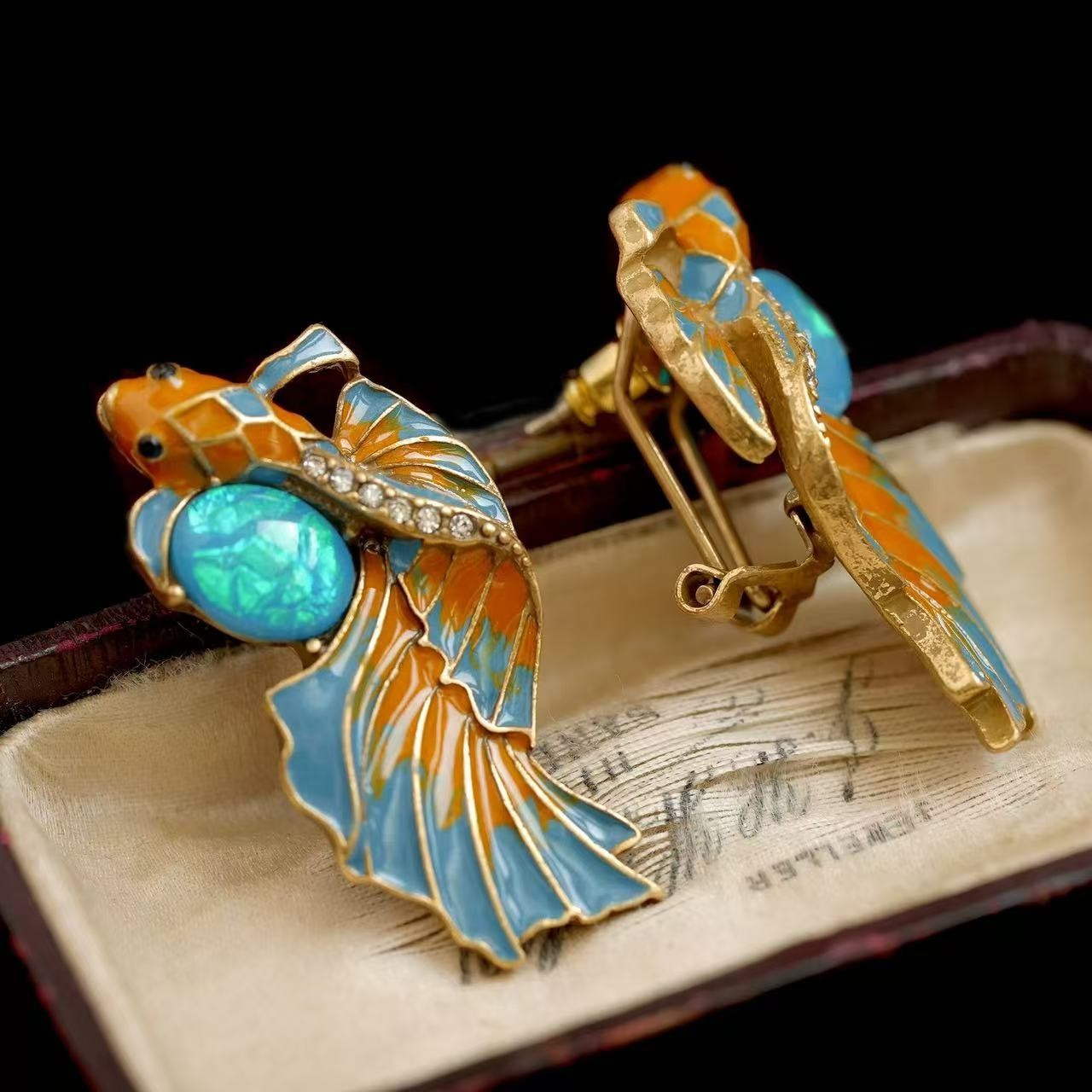 Vintage Enamel Koi Fish Earrings Art Nouveau Statement Jewelry Gold Blue Orange