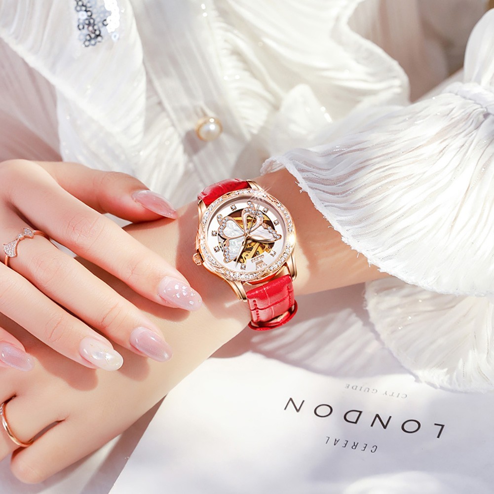 OLEVS 6622 Leather Ceramic Hollow Out Women Dress Mechanical Automatic Watch