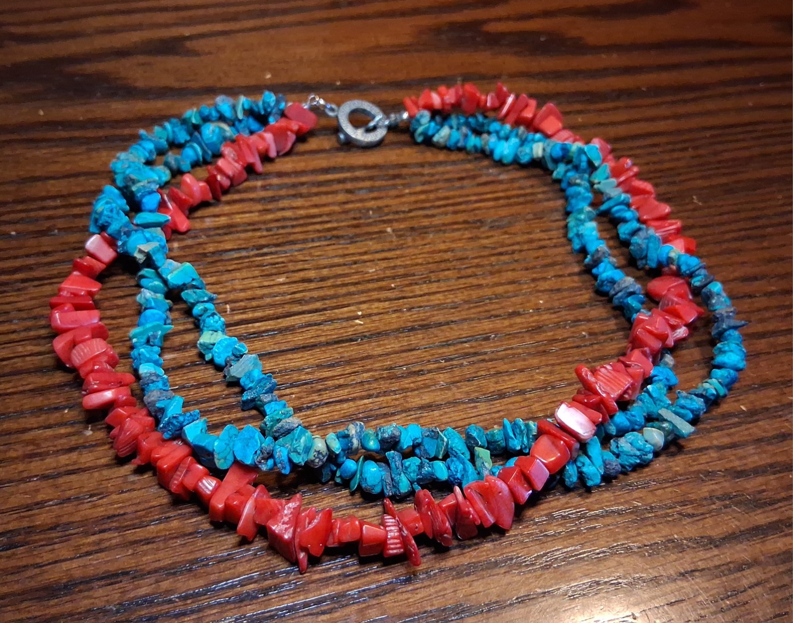 3 Strand Beaded Coral & Turquoise(?) Chip Necklace 16″ See Pics/Description