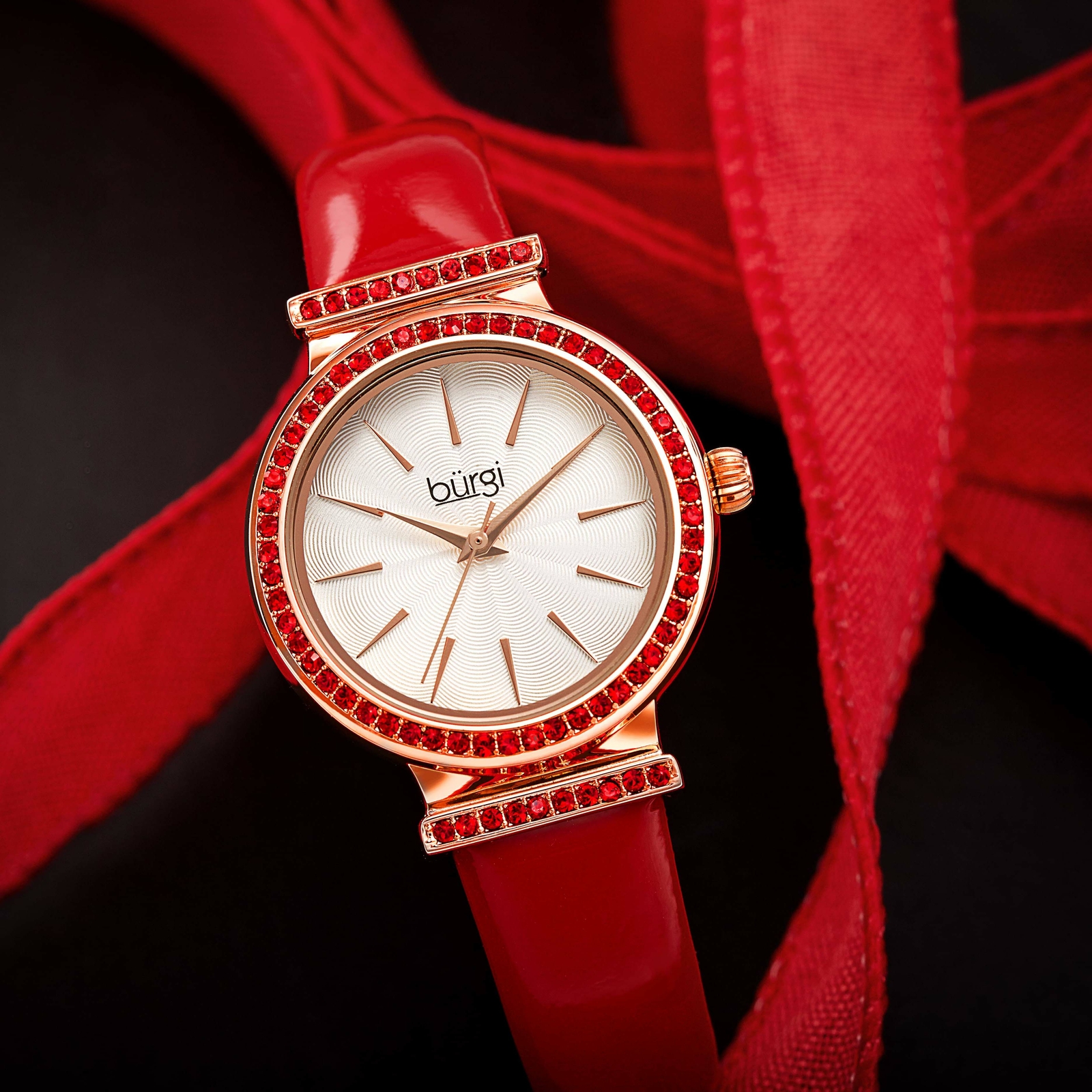 Women’s Burgi BUR243 Swarovski Crystal Guilloche Dial Patent Leather Strap Watch