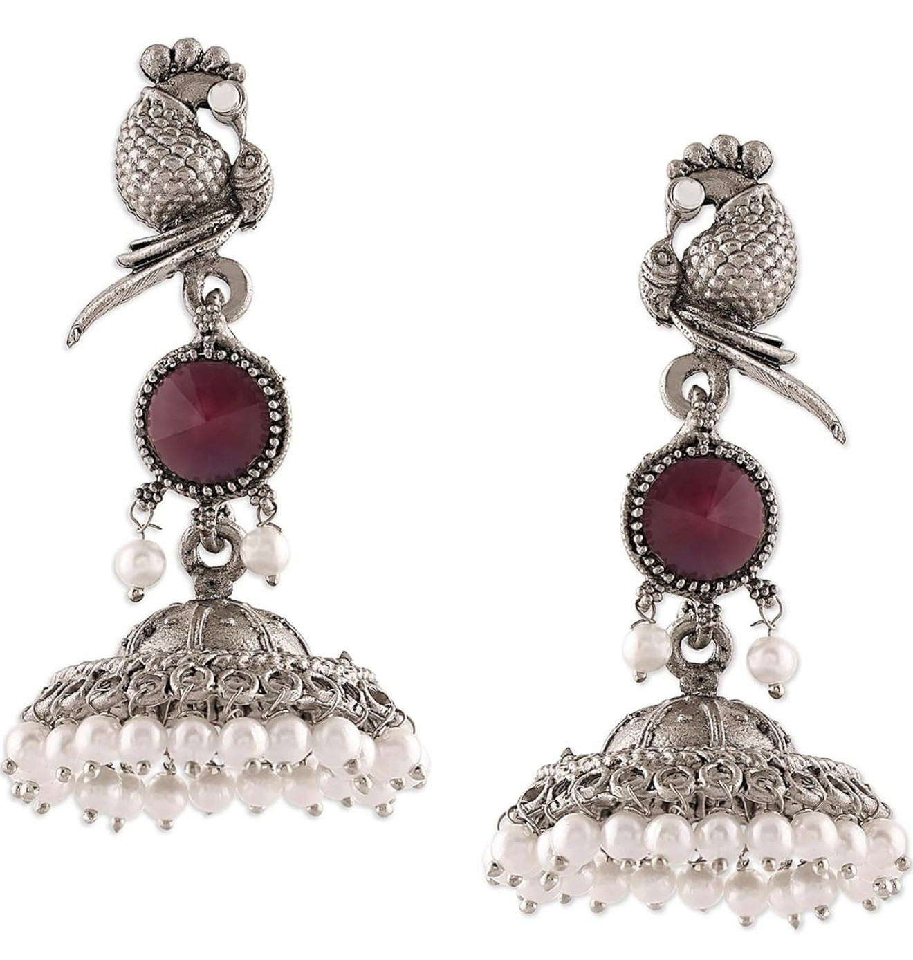 Ethnic Red Stone Dangle Drop Earrings Silver Tone Round Beads 6.6cm