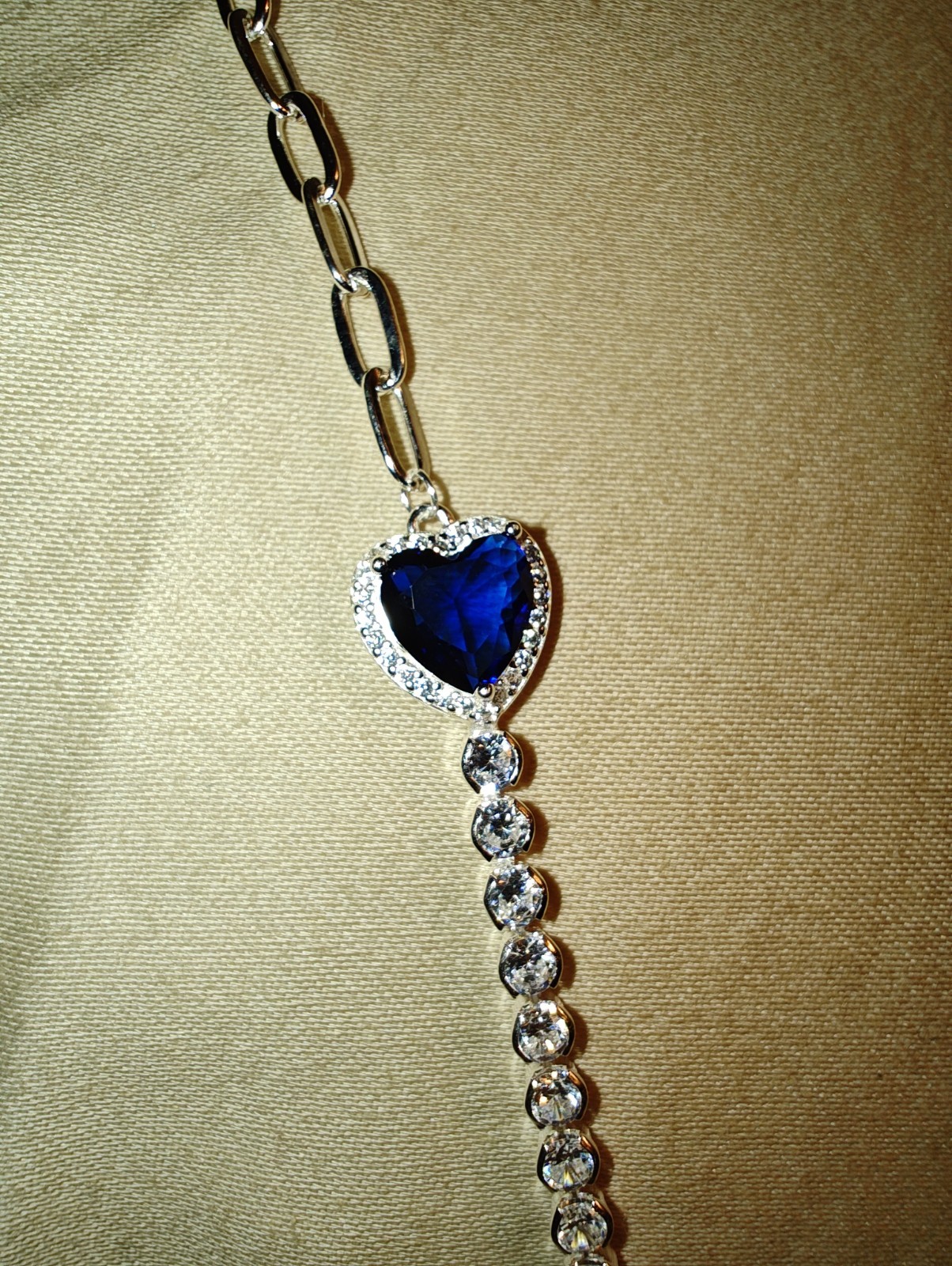 Adjustable .925 sterling silver bracelet blue stone paperclip & tennis band a13