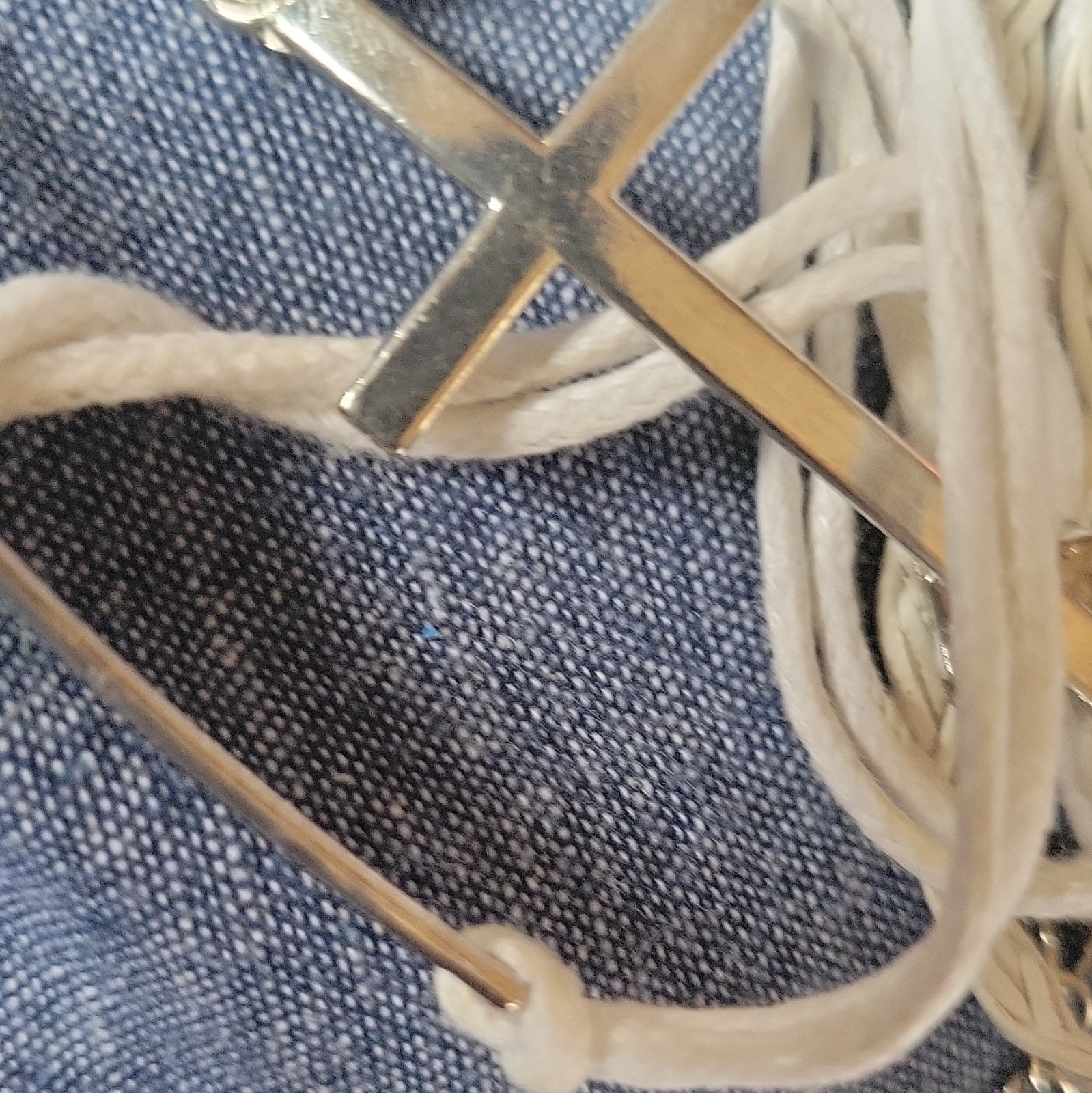 White Cord Bracelet Silver Tone Cross Dangle Charm Lobster Clasp Adjustable