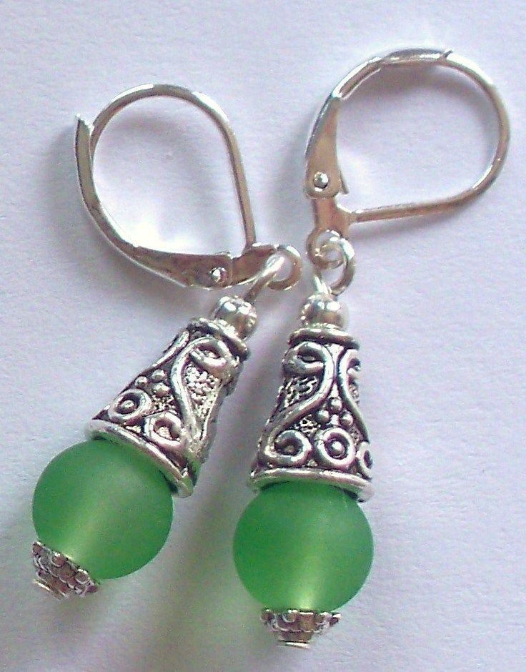 green BEACH SEA FROSTED GLASS drop earring SP HANDCRAFTED XX