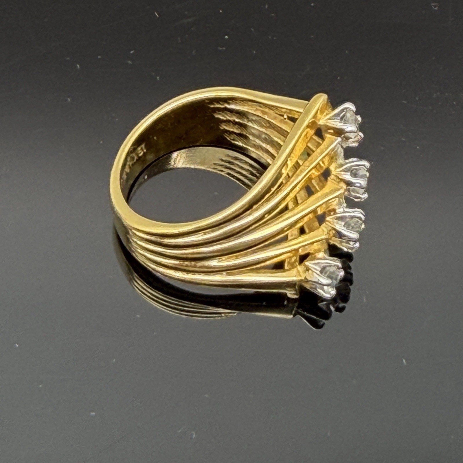 Vintage 18K Gold Electroplate Wide Wavy Bypass Cocktail Ring Clear Stones 7.25
