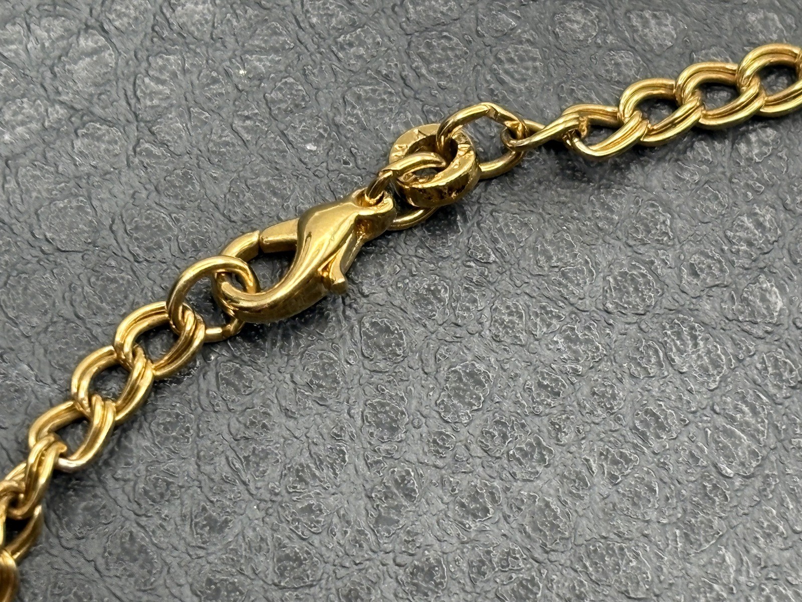 VTG Gold Tone Enamel Egg Charm Bracelet Clear Crystal Accents Double Link Chain
