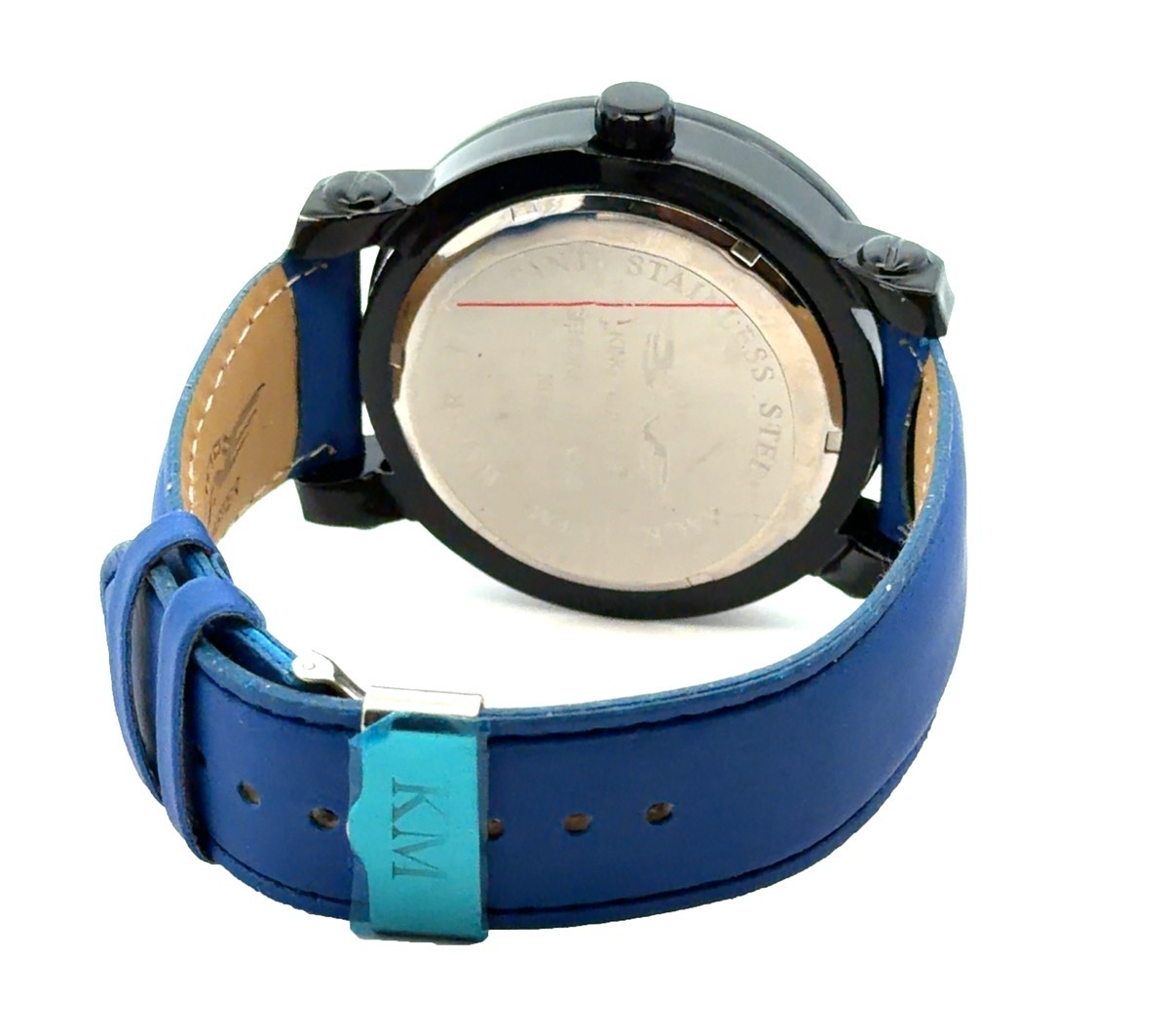 Mens King Master Genuine Diamond Watch Black Case Blue Leather Band km-531