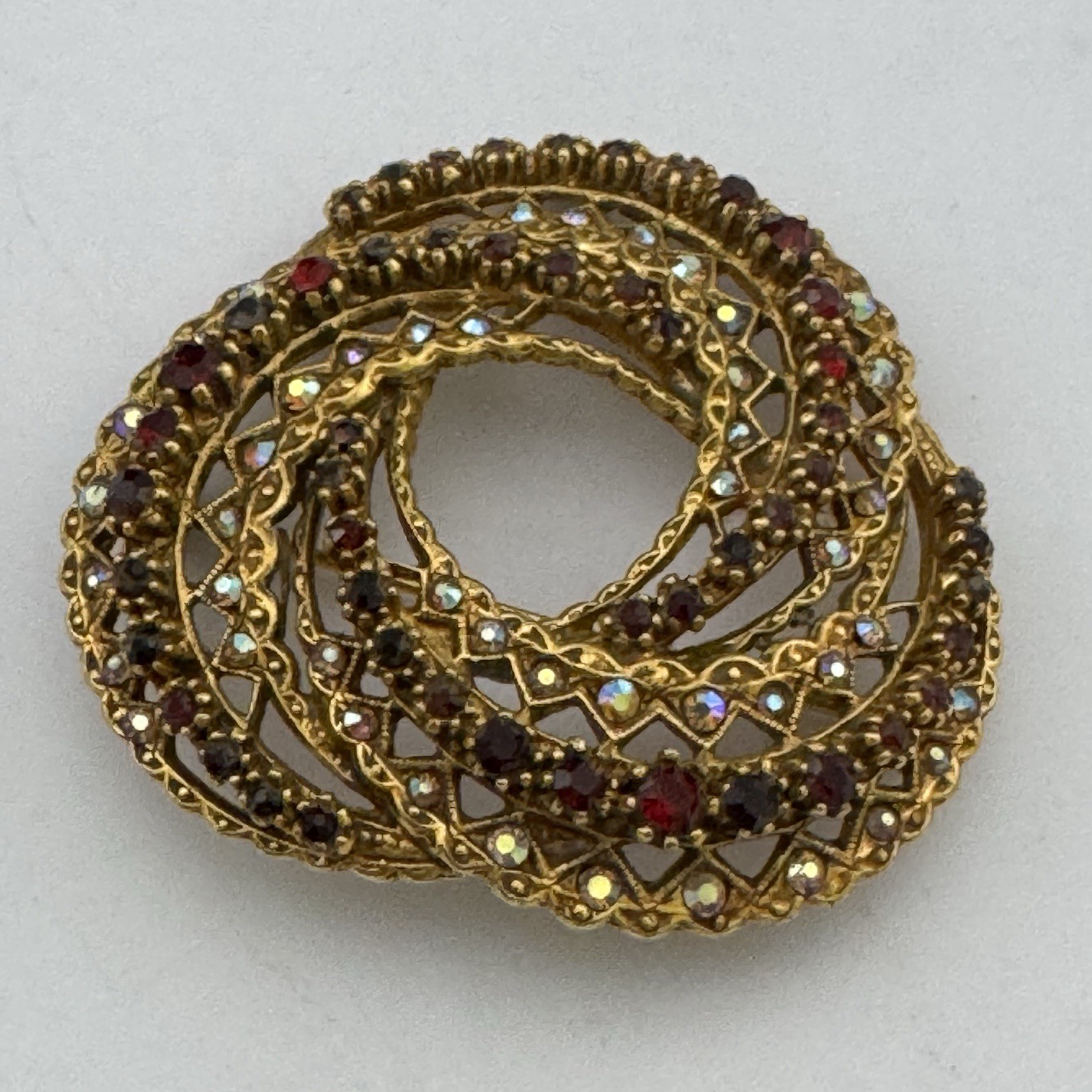 Vintage Signed ART Arthur Pepper Brooch Pin AB Rhinestone Garnet Red Gold Tone