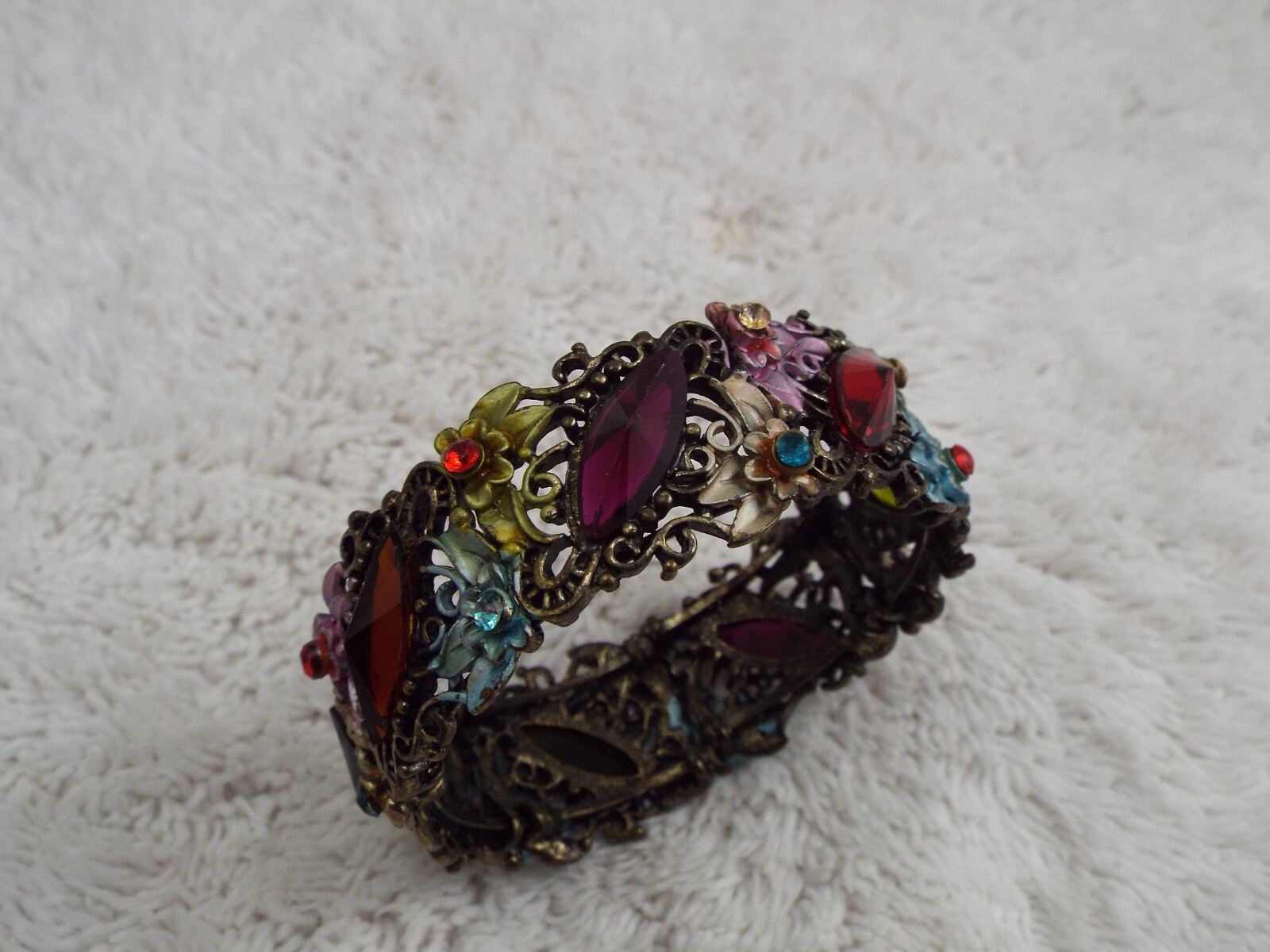 Brasstone Rhinestone Colorful Bead Filigree Cuff Bracelet (A50)