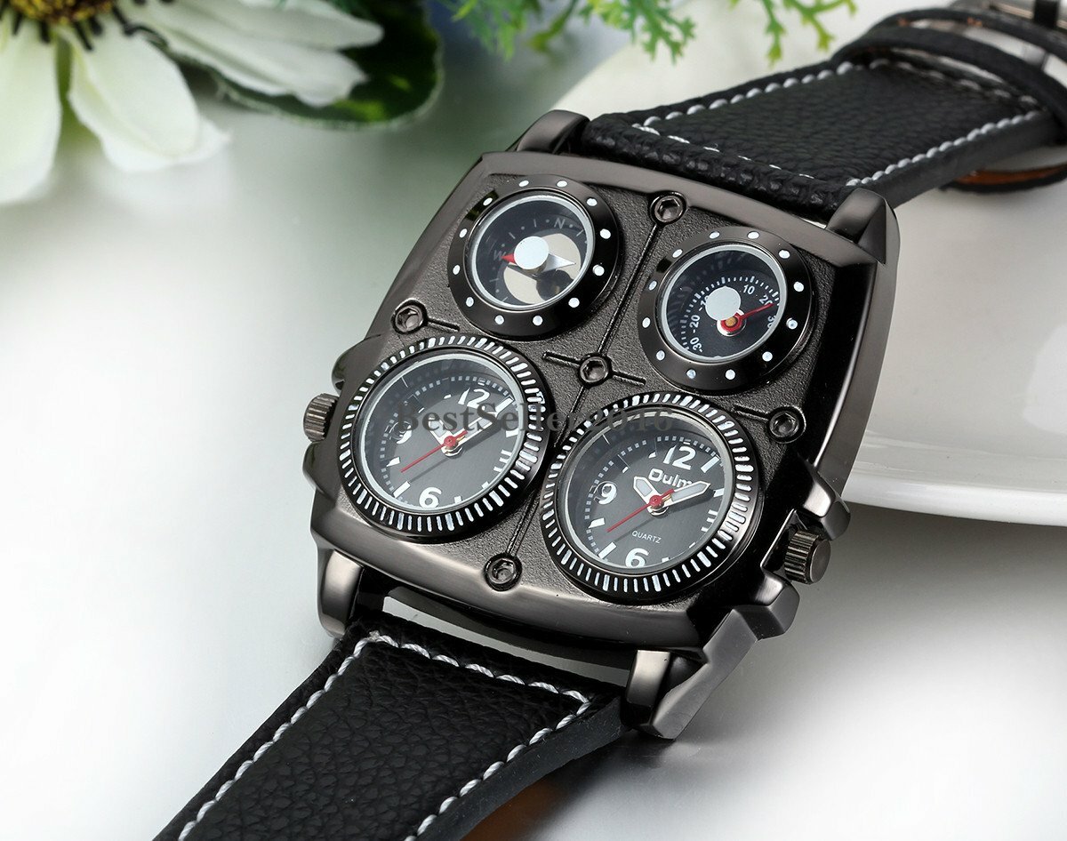 Military Army Dual Time Zone Black Leather Band Mens Analog Quartz Wrist Watch