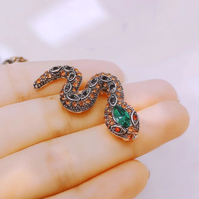 Vintage Crystal Snake Metal Brooch Gorgeous Rhinestone Animal Small Pin