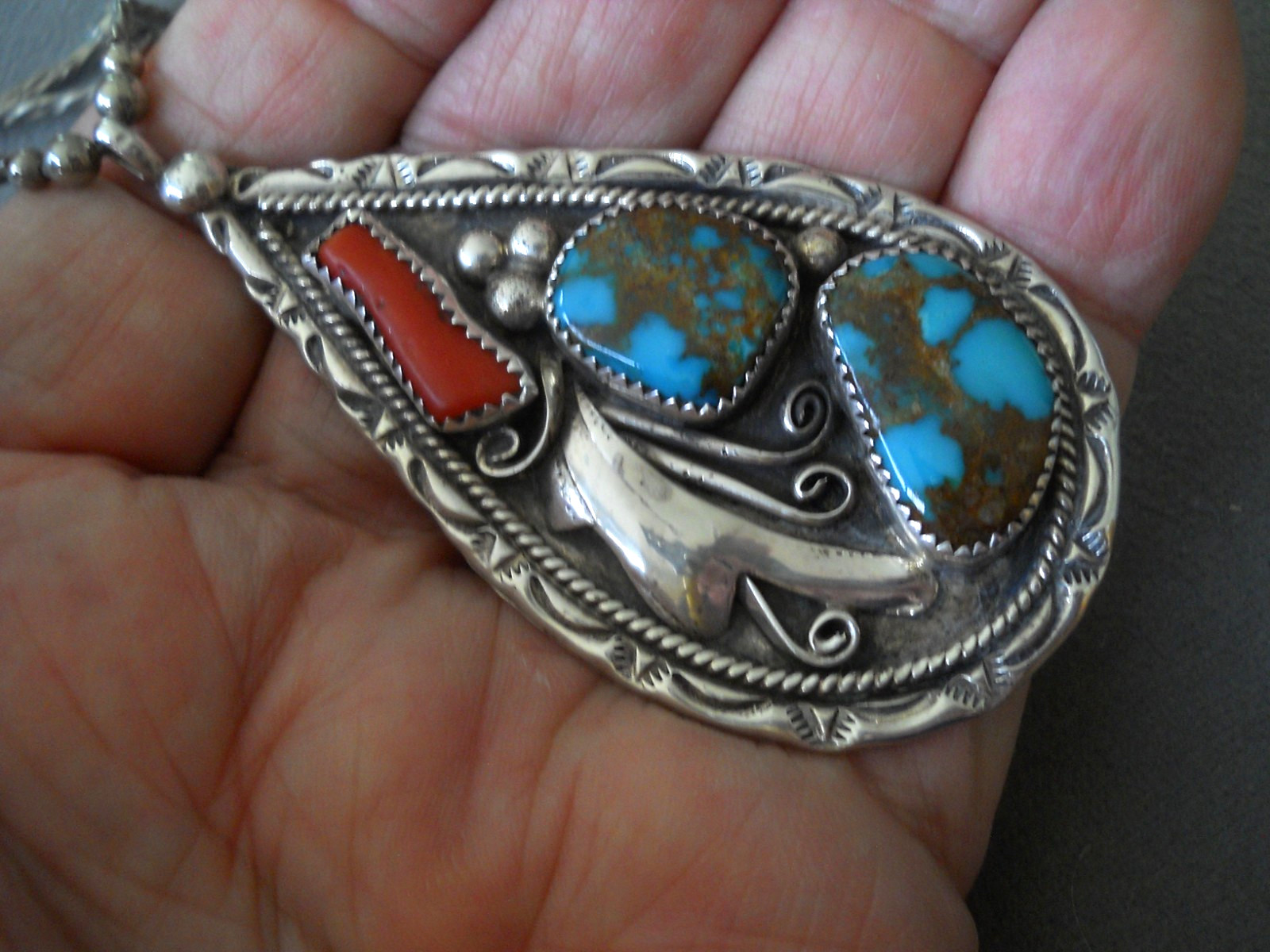 Native American Bisbee Turquoise Coral Sterling Silver / Liquid Silver Necklace