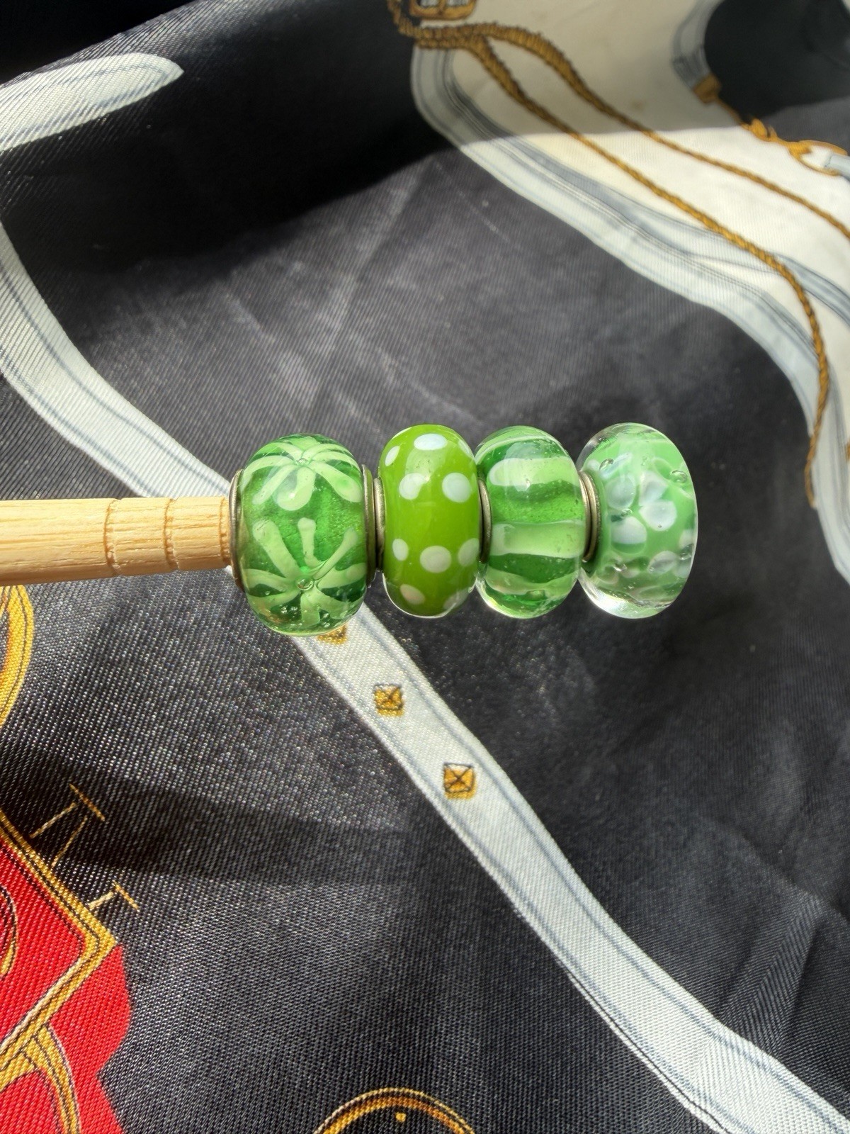 Lot of 4 Murano Glass Charm Beads Green Floral – 1 Stamped 925 Sterling Silver