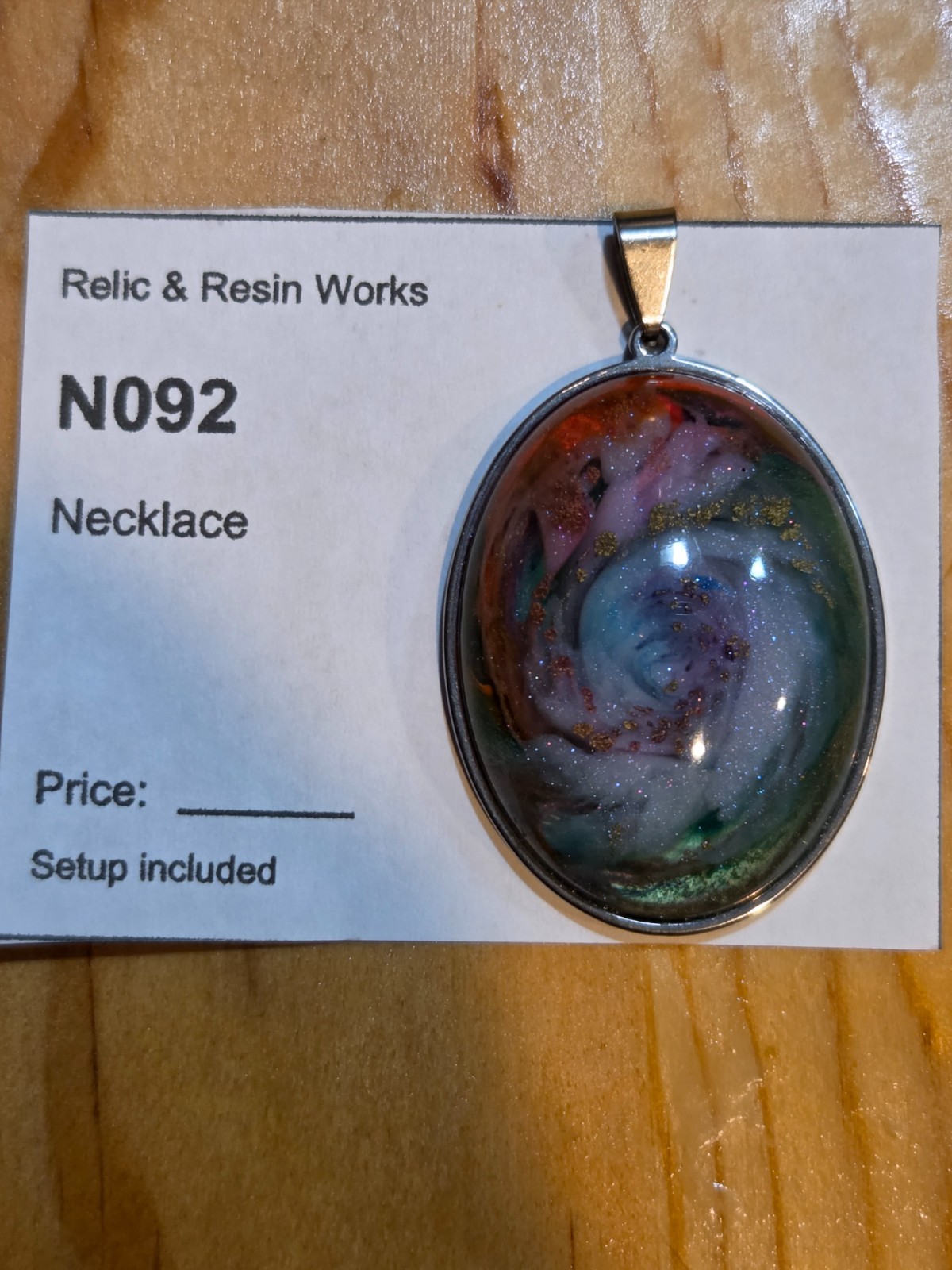 OOAK Nebula Series Petri Effect Resin Oval Pendant Stainless Steel N092