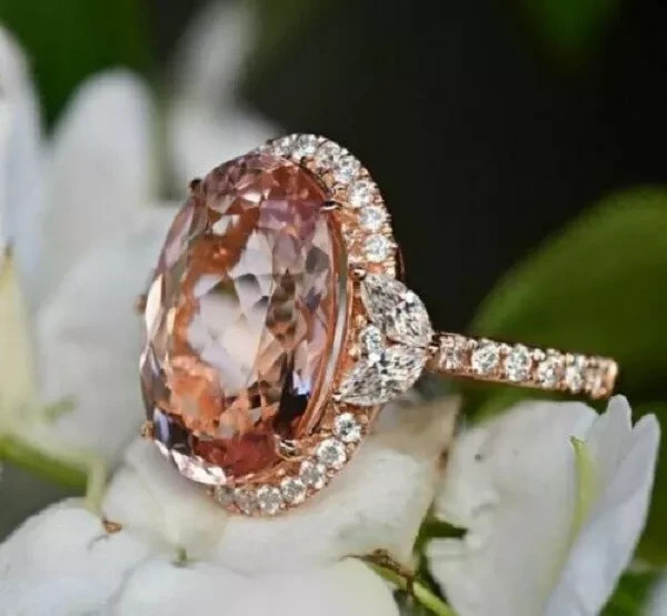 3.50Ct Oval Cut Morganite Diamond Halo Engagement Ring 14K Rose Gold Finish