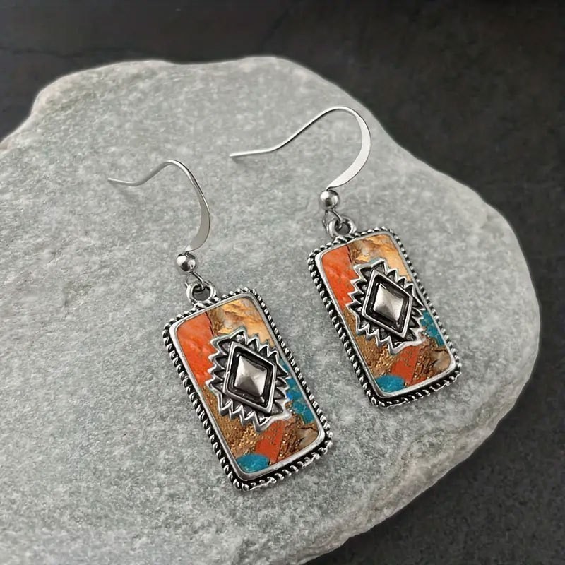 1Pair Navajo Style Southwestern Rectangle Dangle Earrings Boho Inspired Jewelry