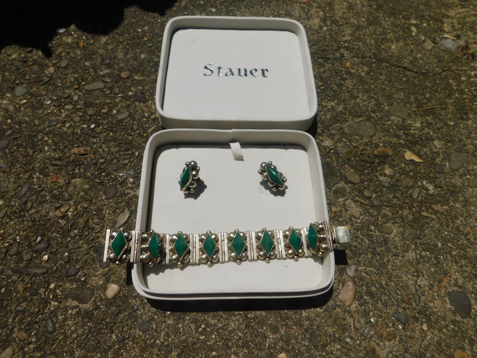 Vtg STAUER Silver Ornate Green Corundum Chunky Retro Bracelet screw Earrings Set