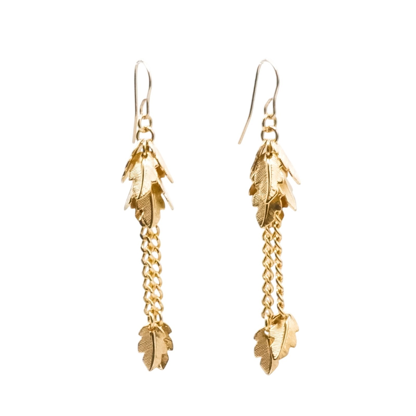 Gold Plated Leaf Dangle Earrings 2 1/2 Inches