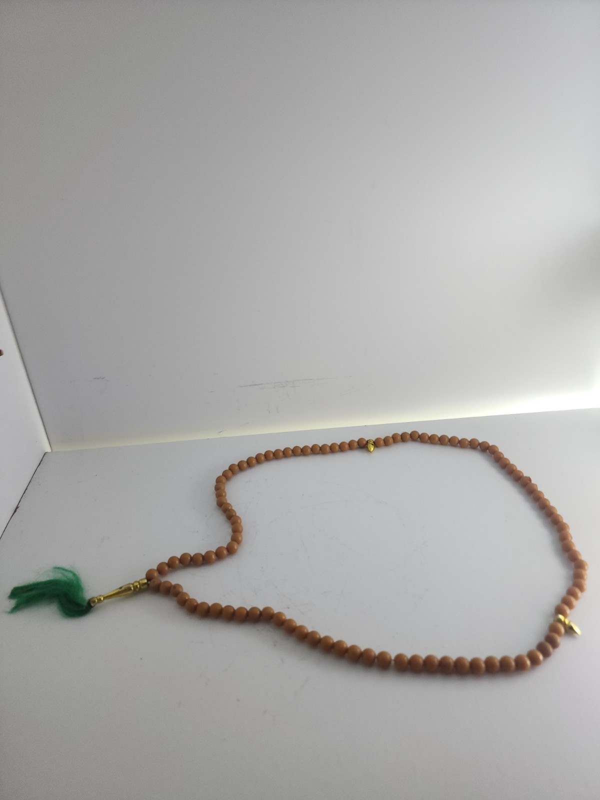 Brown Beige Beads Necklace Meditation Souvenir Green Tassel Gold Tone Charm