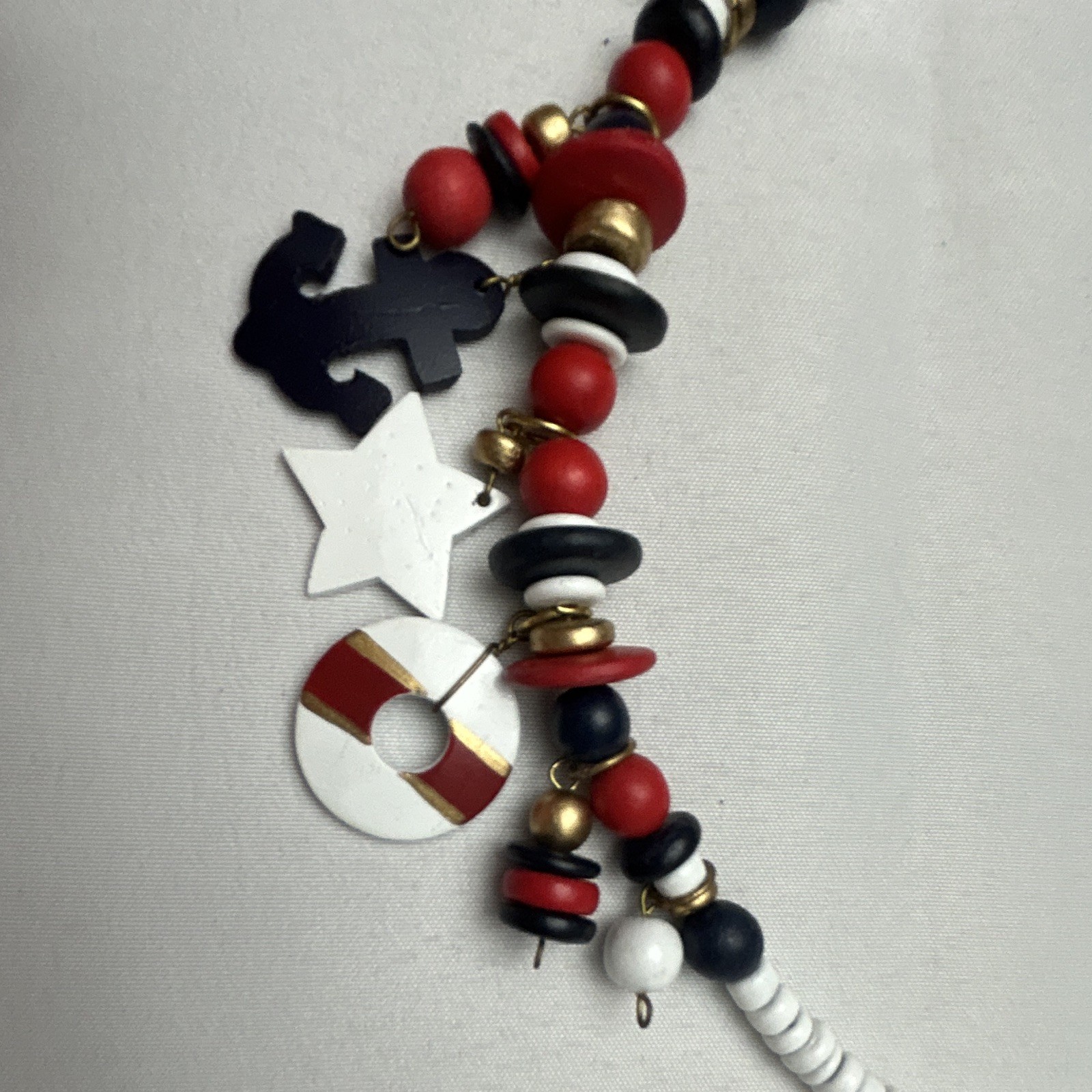 Red White Blue Beaded Charm Necklace, Nautical Anchor Star, Hook Closure