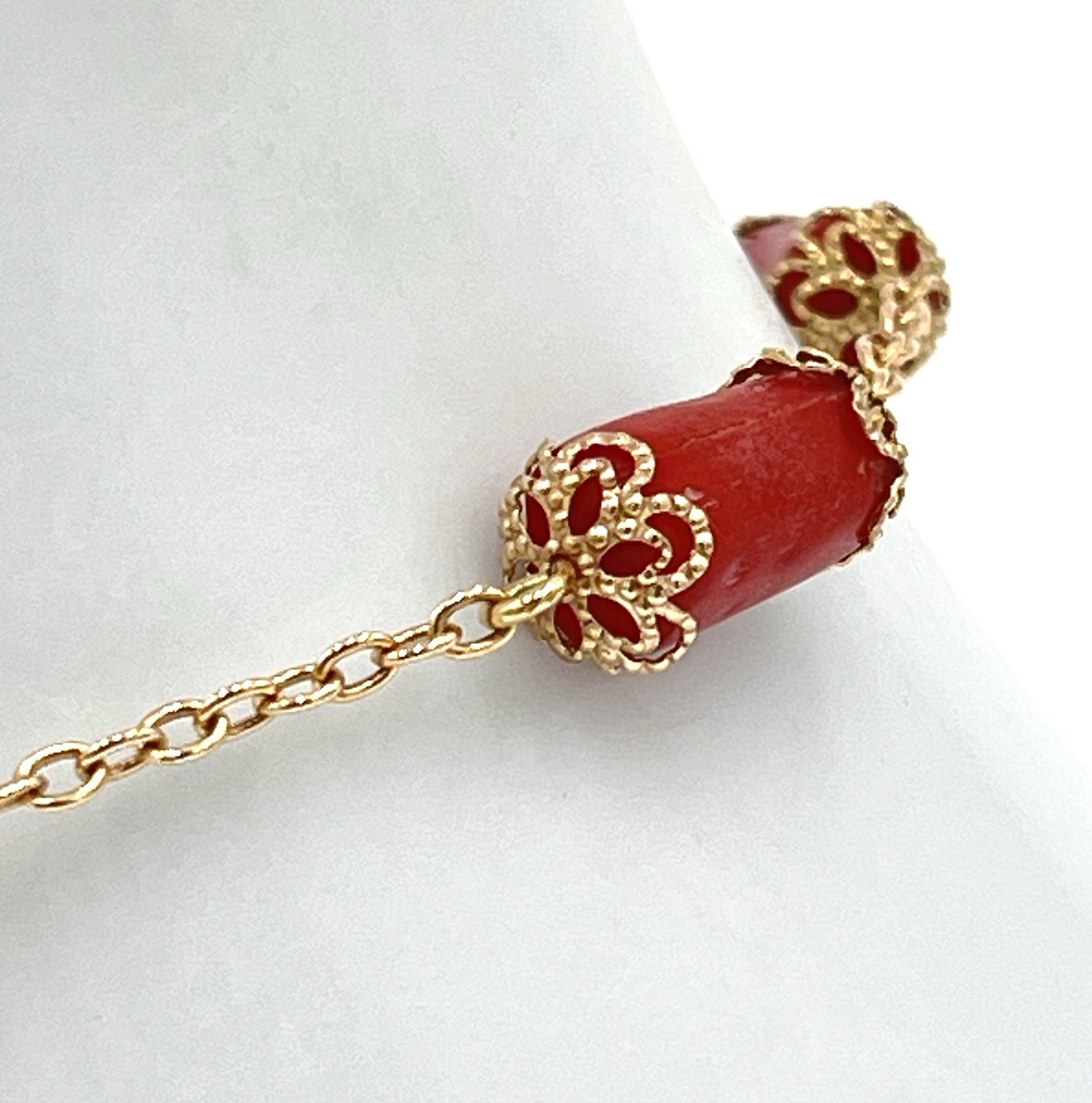 Handmade 14kt Gold Barrel Mediterranean Red Coral Bracelet