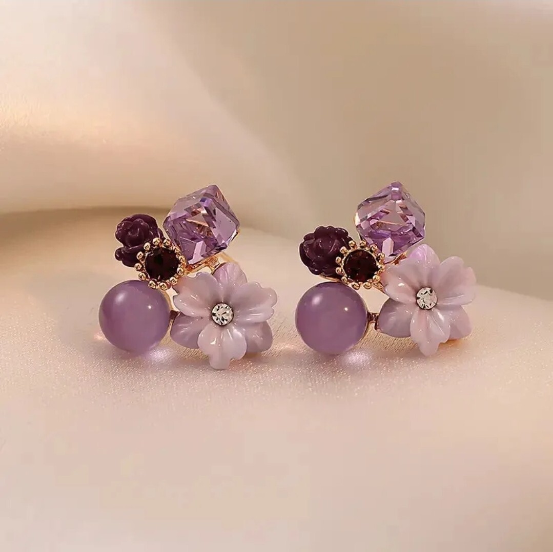 Retro Purple Pink Crystal Flower Earrings Exquisite Women Fashion Girl Gift New