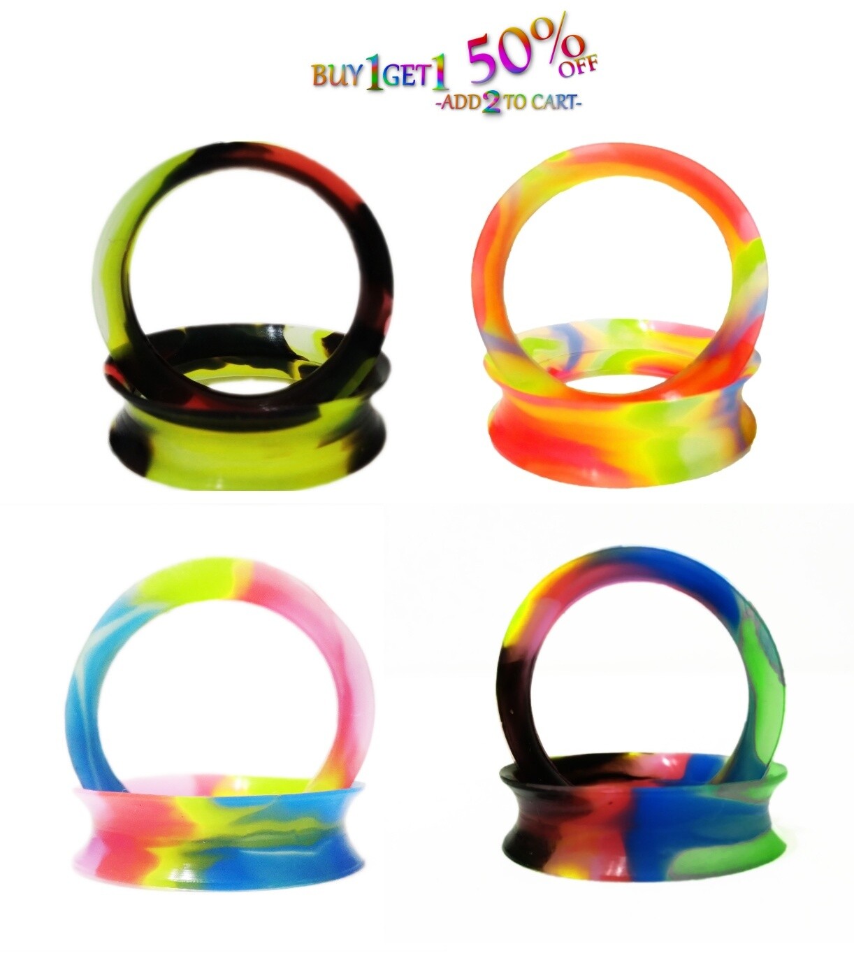 Pair 8g-40mm DARK RAINBOW SILICONE FLESH TUNNELS Double Flare Gauges Thin 2053