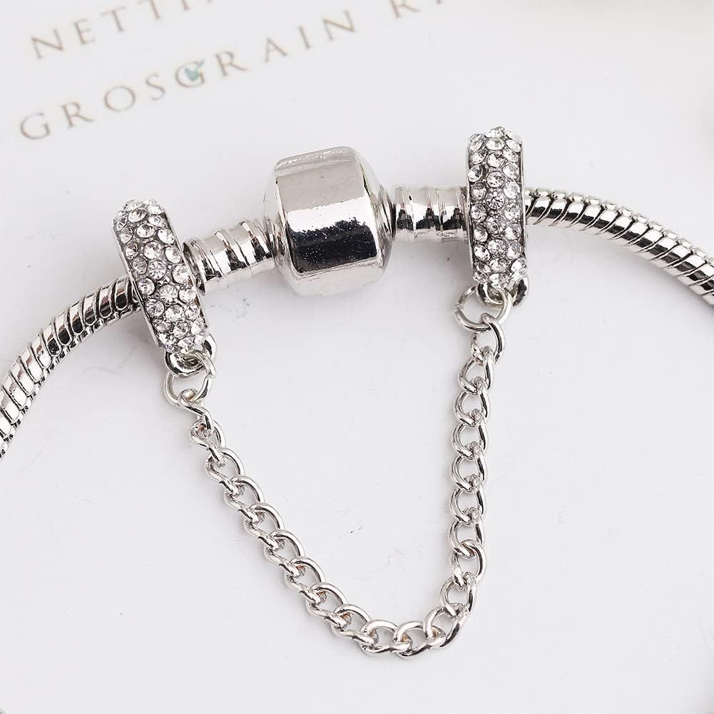 Plated Silver Heart Charm Safety Chain with Crystal – Ideal for Bracelets