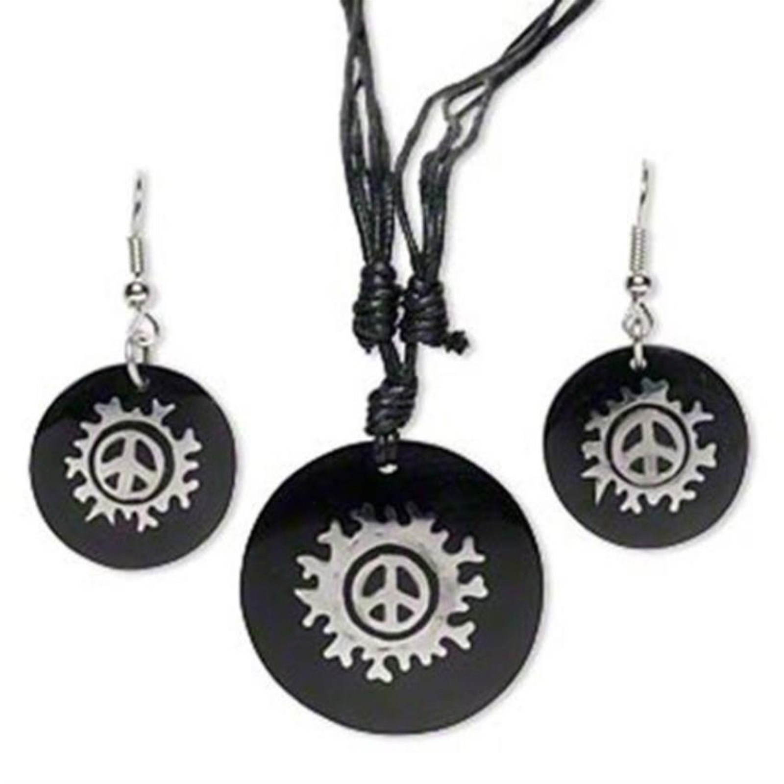 Black Resin & Stainless Steel Mod Retro Peace Sign Necklace Earrings Jewelry Set