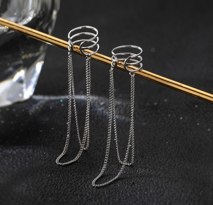 A Pair Women Silver Tone Tassel Chain Dangle Drop Cuff Non Piercing Earrings K65