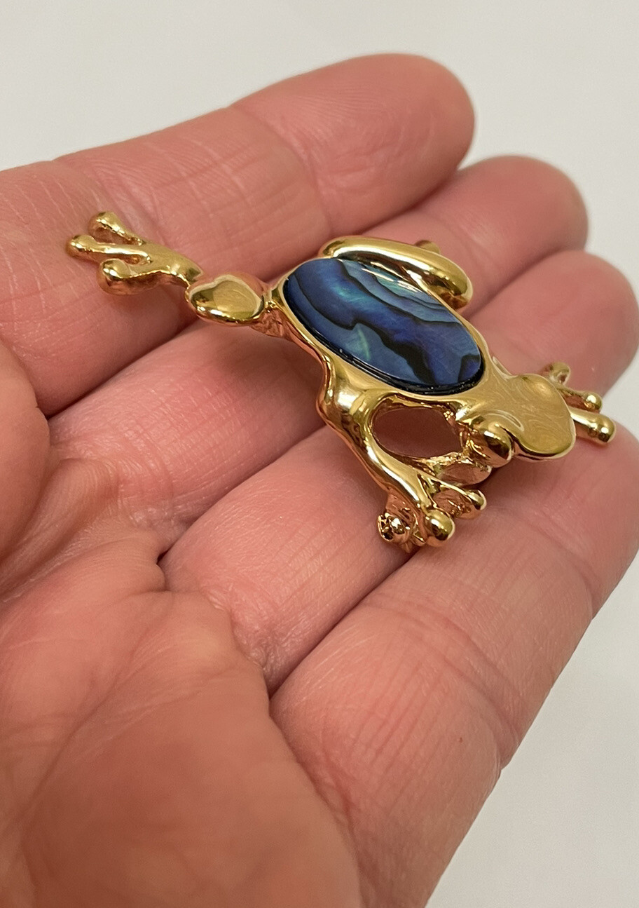 VINTAGE ARIKI PAUA SHELL 22KT GOLD PLATED Frog BROOCH Pin NEW ZEALAND ABALONE