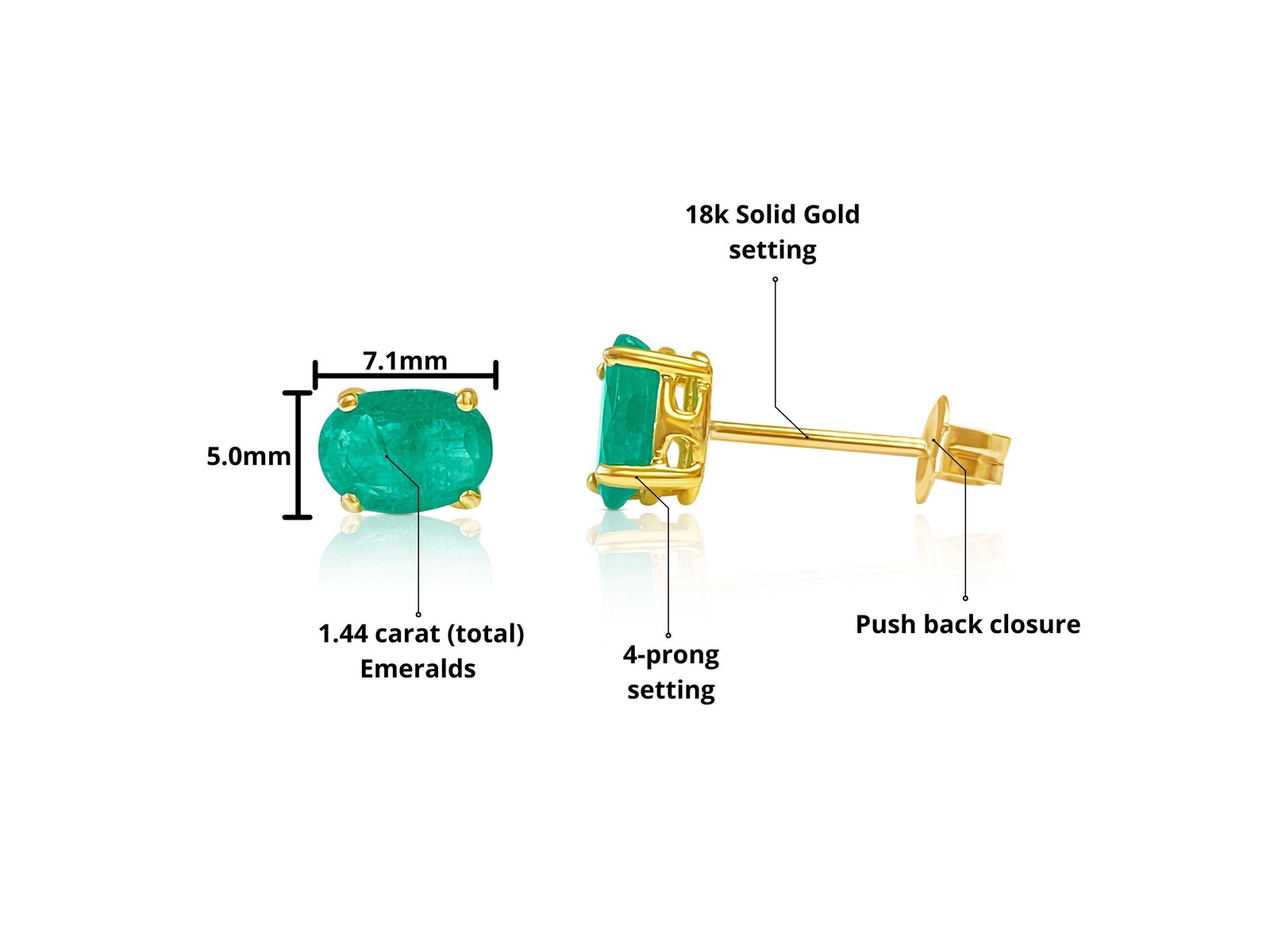 Oval Cut Natural Emerald Stud Earrings in 18k Solid Gold