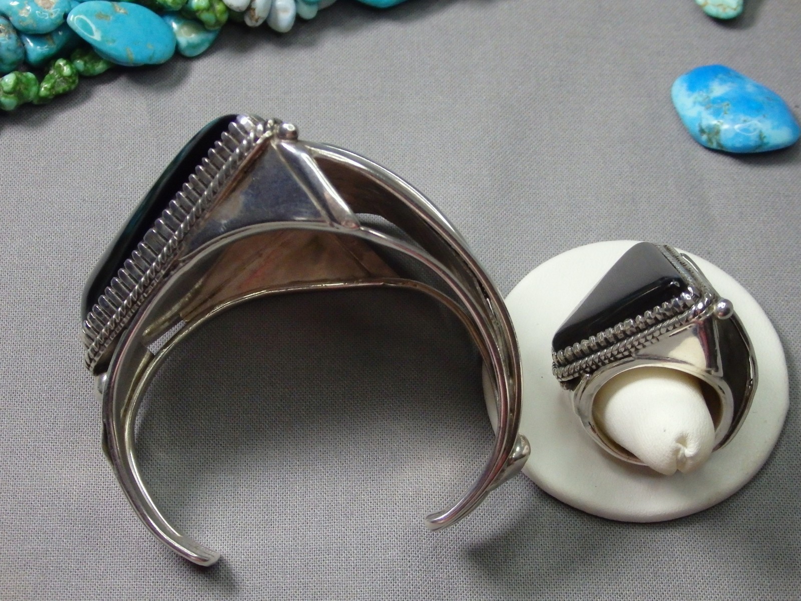 NAVAJO Yazzie Black ONYX Sterling Silver 114g 7″size Cuff & 36g Ring sz8.5 RARE
