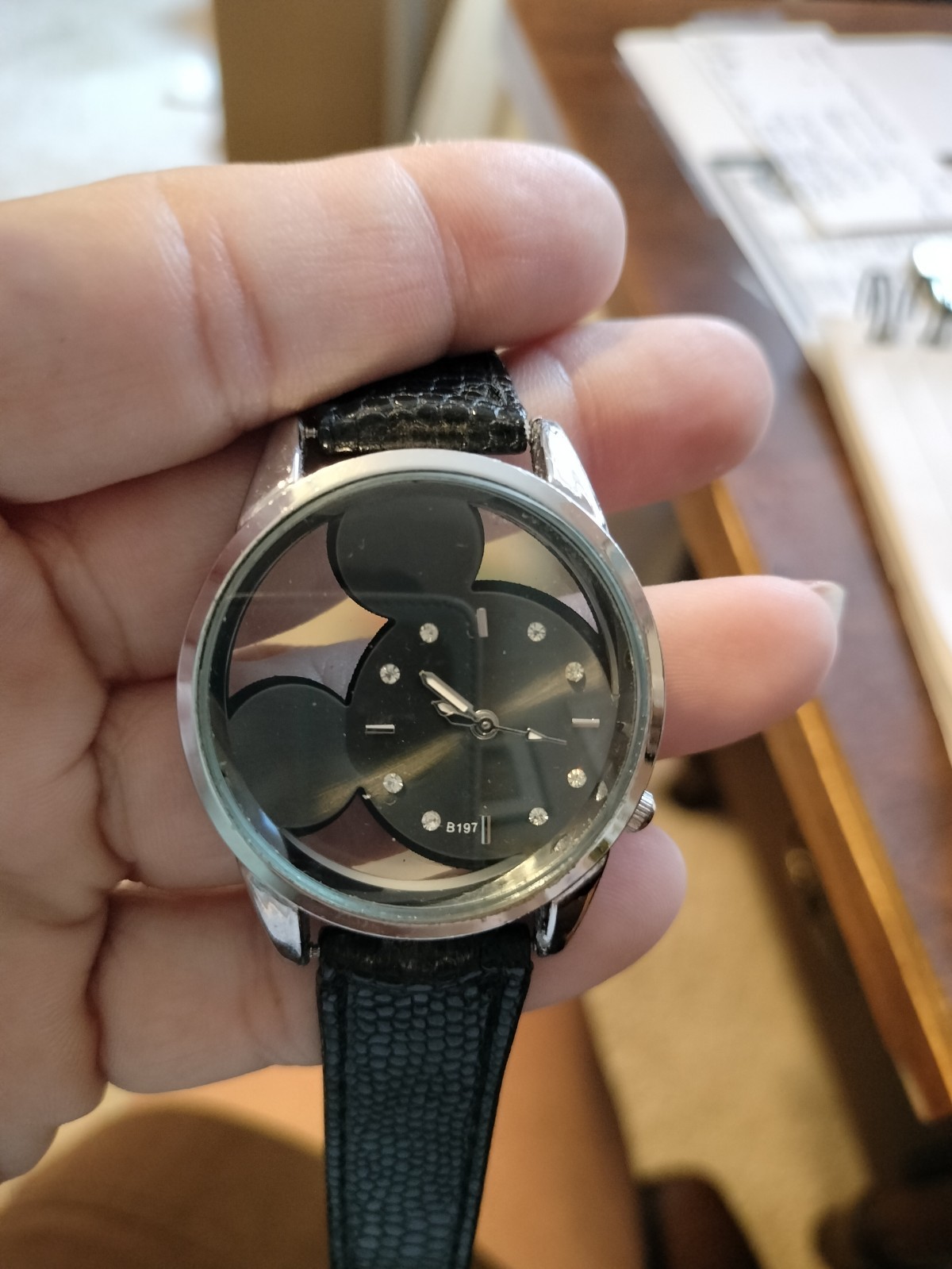 Disne Mickey Mouse Watch Transparent Hollow Dial Leather Watch Black See Through