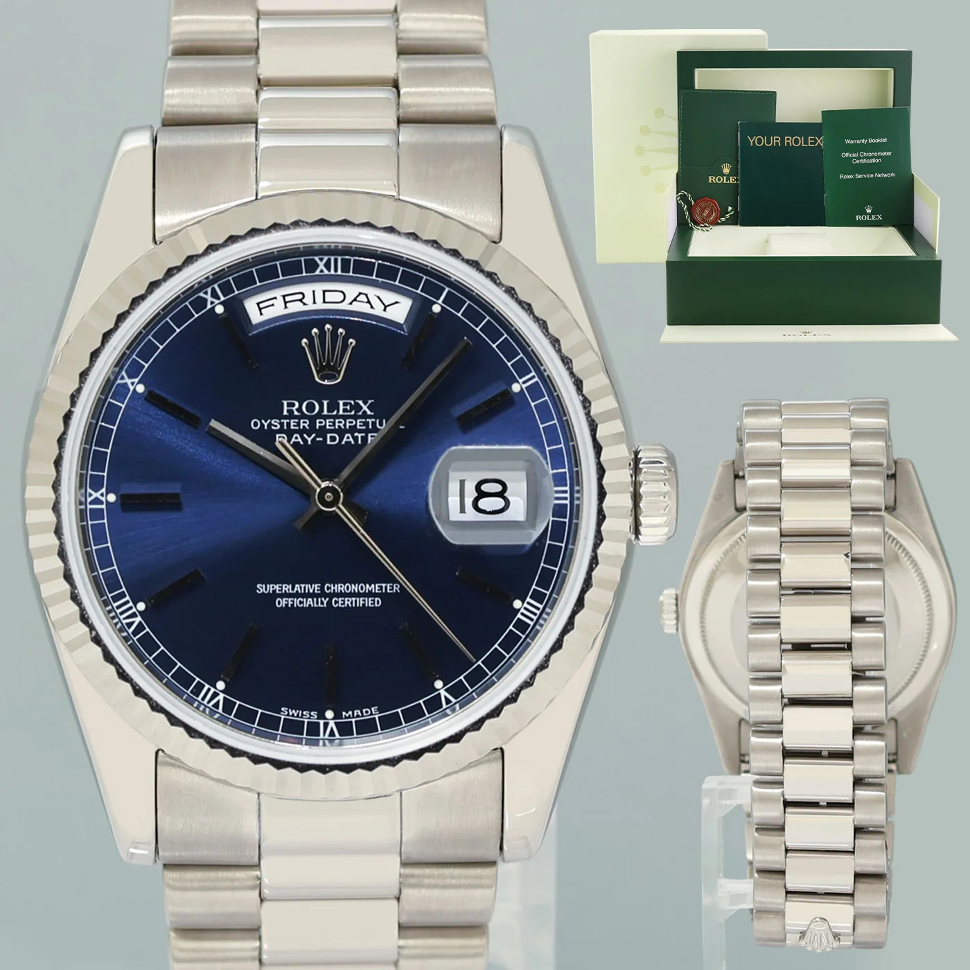 MINT Rolex President Day Date 118209 Blue Stick White Gold 36mm President Watch