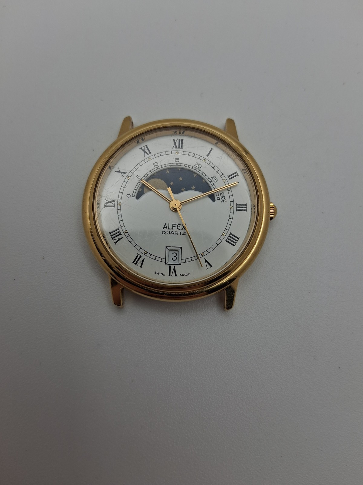 Vintage Alfex Moon Phase Roman Numerals Dial Swiss Made Watch