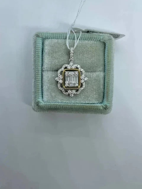 2Ct Emerald Cut Moissanite Art Deco Halo Cluster Pendant 14K White Gold Plated