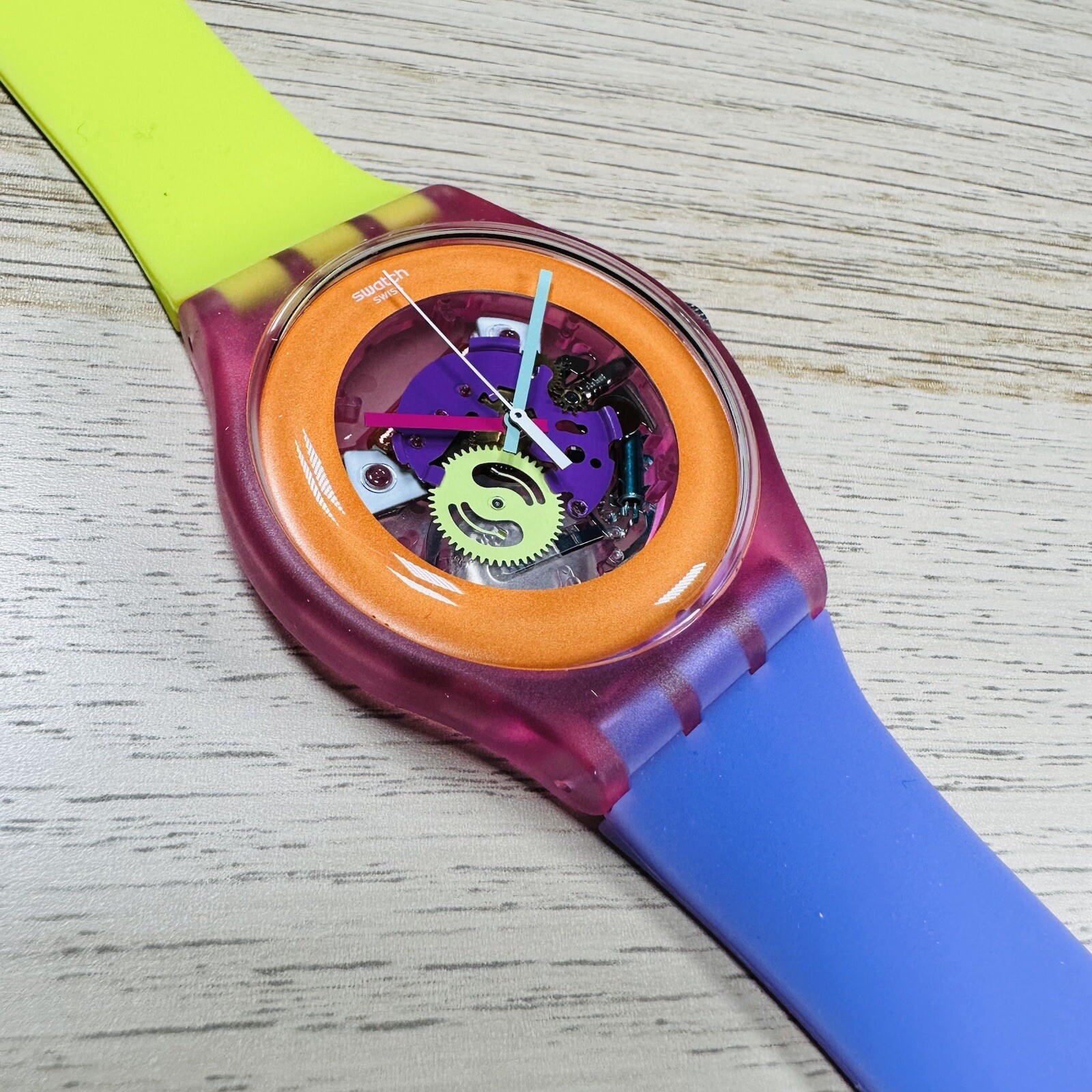 NEW✅ Swatch Dip In Color Orange Skeleton Dial Yellow and Purple Silicone Watch