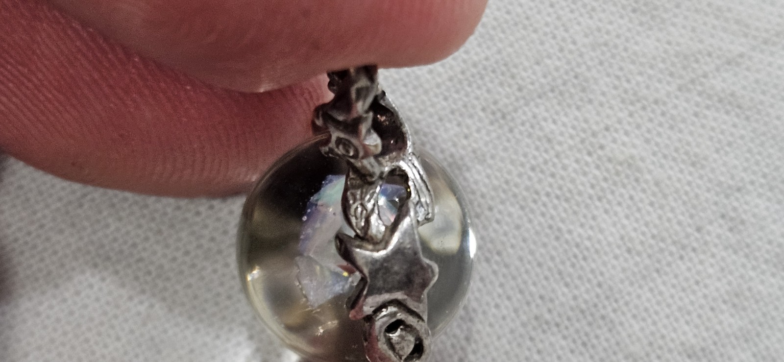 Antique Vintage Crystal Orb W/ Minerals Moon Star & More Sterling Bead Pendant
