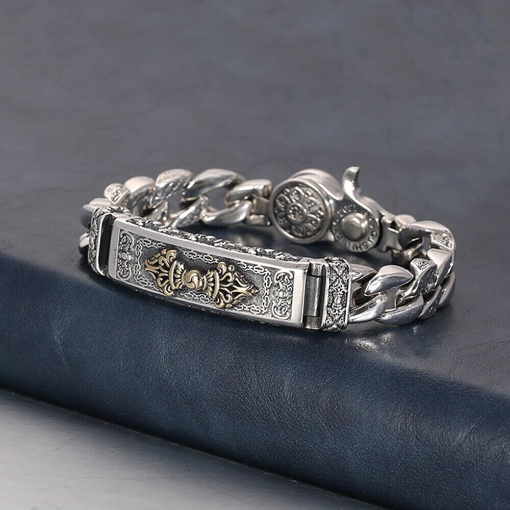 Real 925 Sterling Silver Bracelet 11mm Vajra Six Words Curb Link Chain 7-8.7in