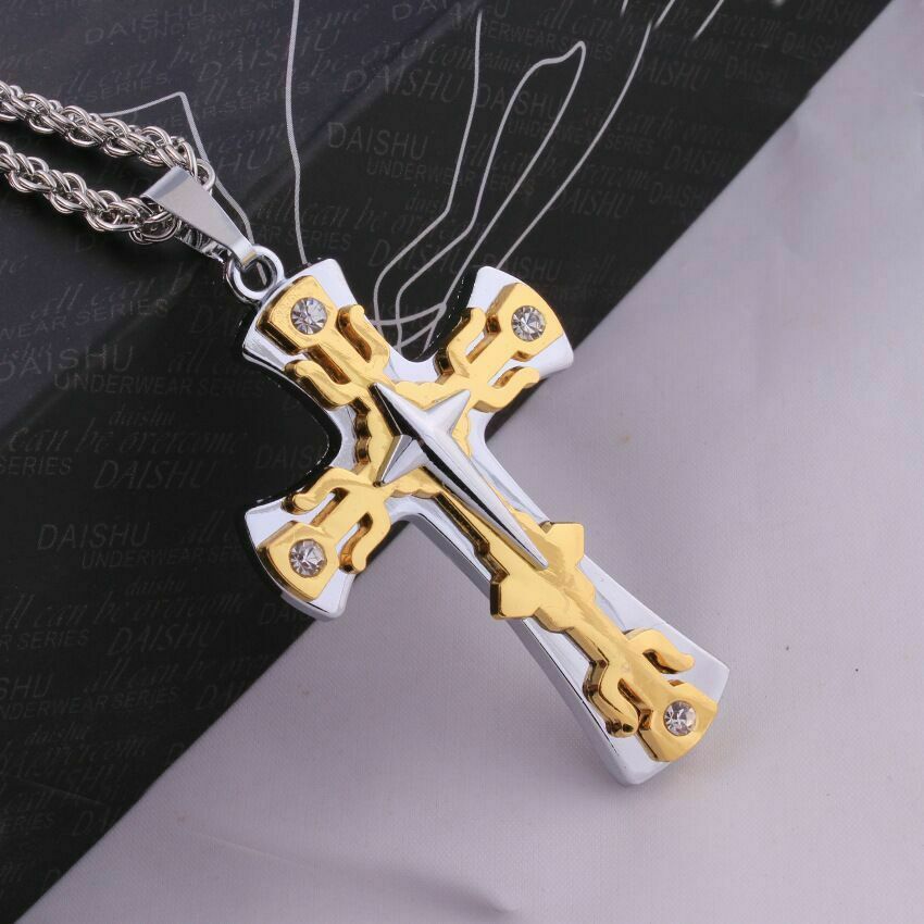 Mens Two Tone Layered Crystal Cross Pendant 32″ Wheat Link Chain Necklace #NL13
