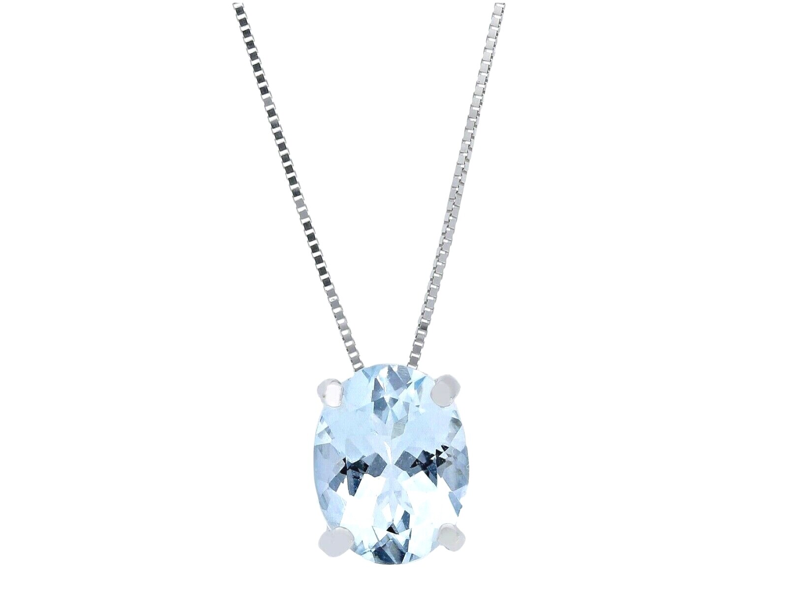 18K WHITE GOLD NECKLACE 1.47ct AQUAMARINE OVAL CUT 9mm PENDANT & VENETIAN CHAIN