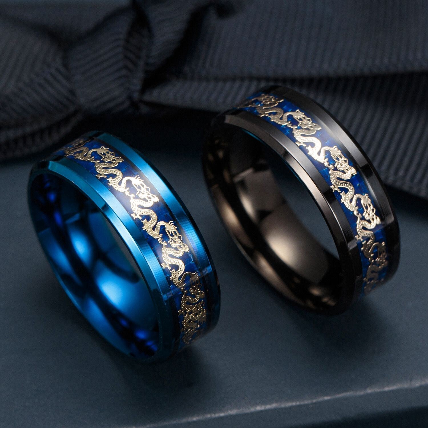 5 Colors 8MM Men Women Black Blue Red Silver Stainless Steel Dragon Band Ring