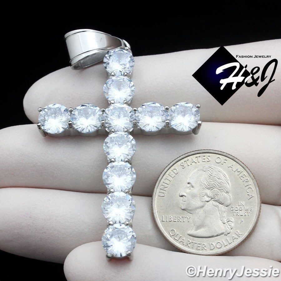 24″MEN 316L Stainless Steel 5mm Silver Box Link Chain ICY CZ Cross Pendant*IP138