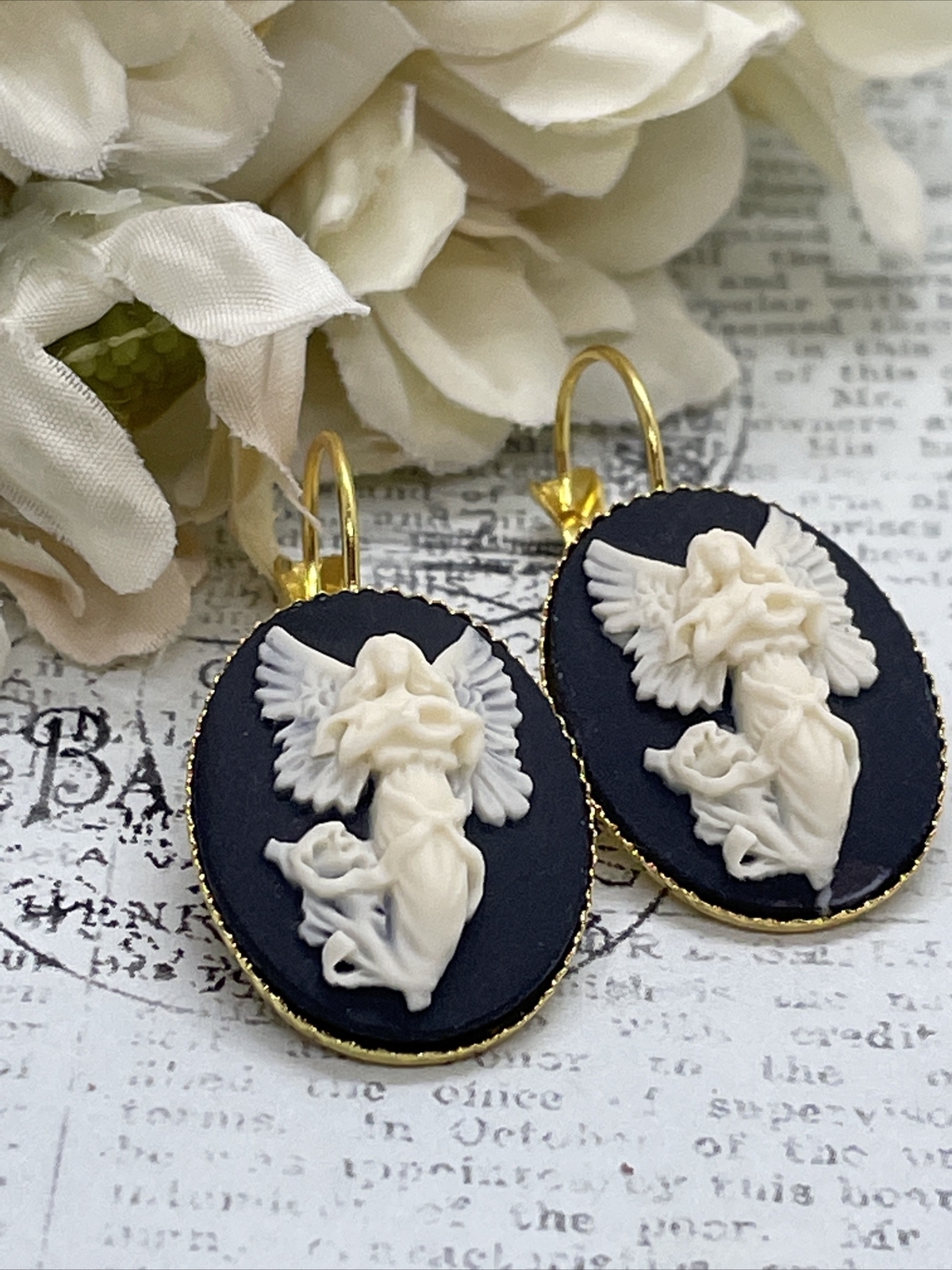 Gold Cream & Black Victorian Angel Wedding Anniversary Earrings Cameo Birthday