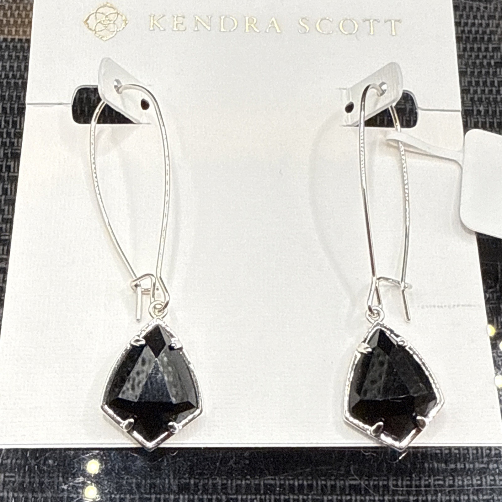 Kendra Scott Carinne Black Glass Rhodium Plated Dangle Drop Earrings Silver Tone