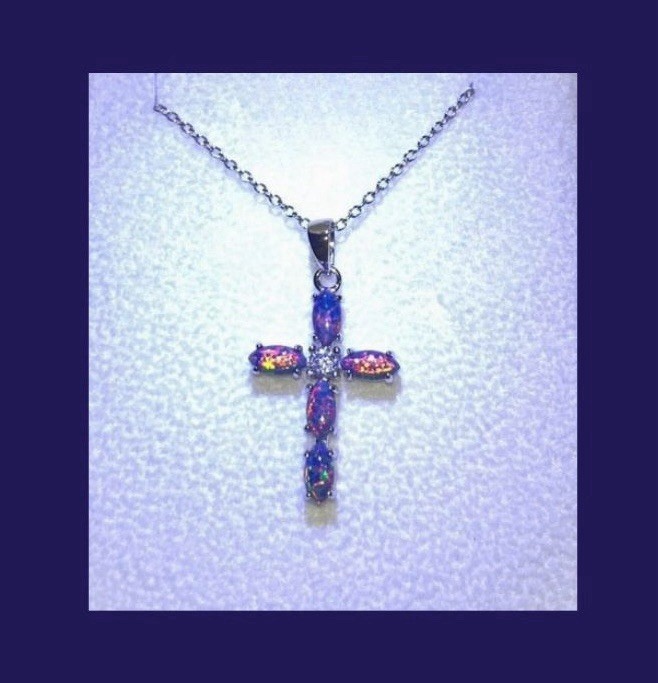 DEAL! FINE RARE Elegant 925SS Teal Blue Rainbow Fire Opal CZ Cross Necklace