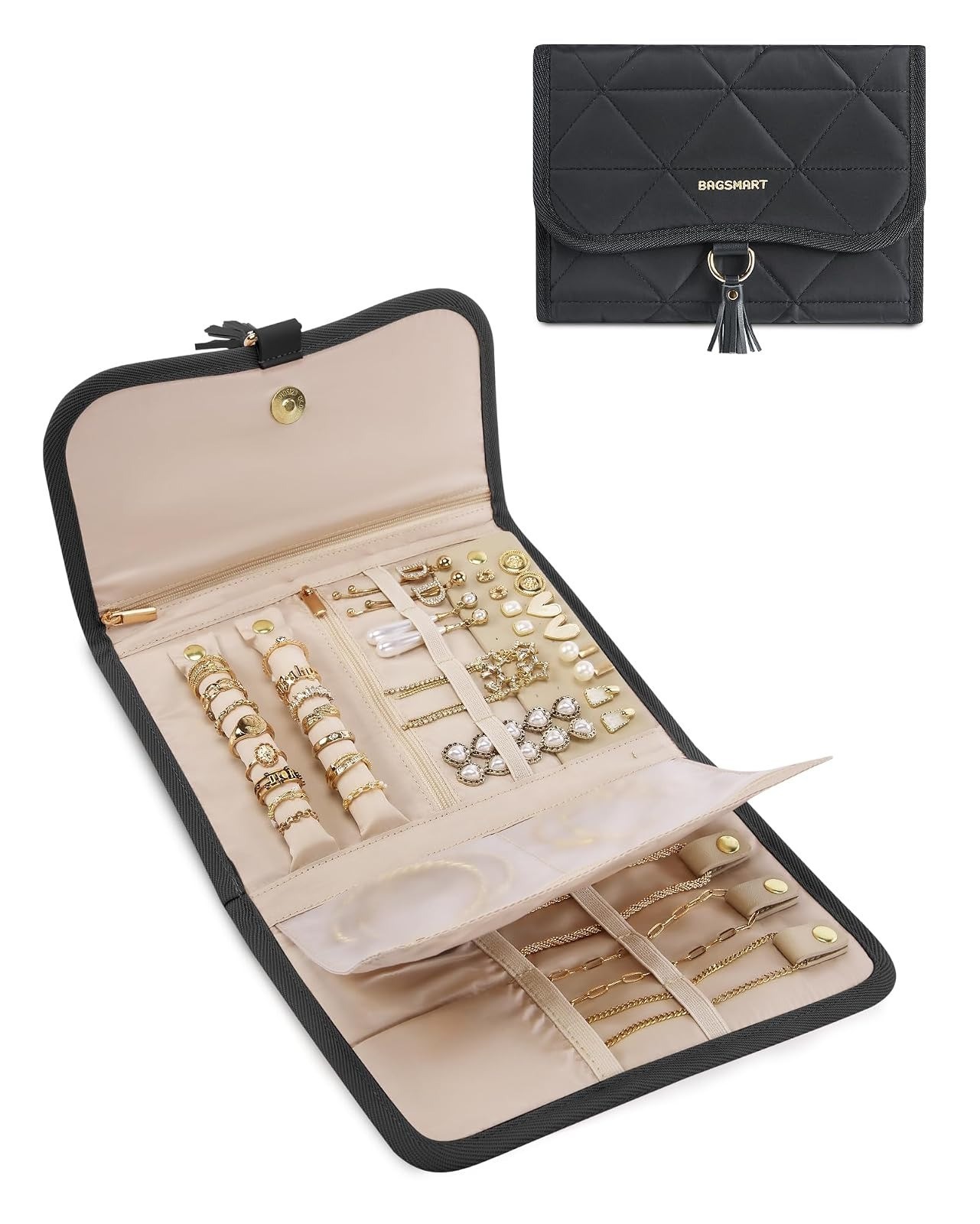 BAGSMART Travel Jewelry Case Organizer – Portable Pink Jewelry Roll
