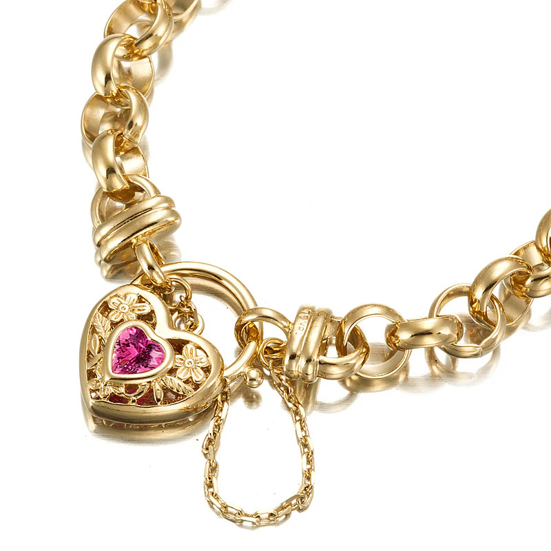18ct Heavy Yellow Gold Plated 10mm Belcher Chain Bracelet with a Pink Filigr…